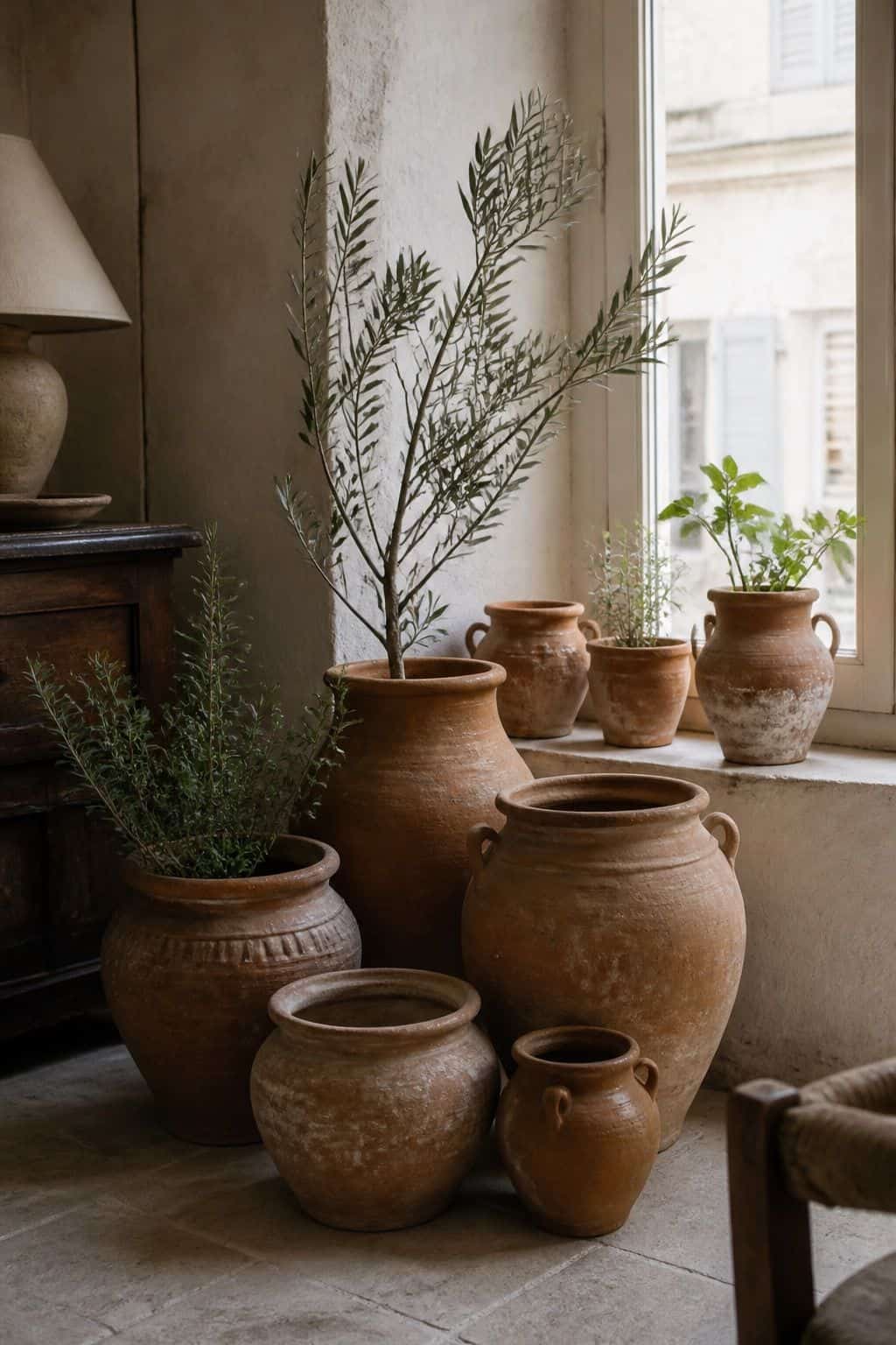 Budget Mediterranean decor idea 3, terracotta pots everywhere, shown in a realistic sun-washed home scene with warm plaster tones, thrifted textures, terracotta, linen, wood, and softly imperfect details. This image illustrates how to create the Mediterranean look affordably with approachable materials, secondhand finds, and practical styling that feels collected, warm, and lived-in rather than expensive or showroom-perfect.