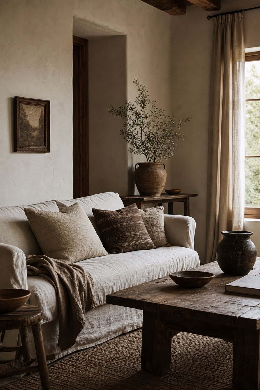 Budget Mediterranean decor idea 4, linen remnants and slipcovers, shown in a realistic sun-washed home scene with warm plaster tones, thrifted textures, terracotta, linen, wood, and softly imperfect details. This image illustrates how to create the Mediterranean look affordably with approachable materials, secondhand finds, and practical styling that feels collected, warm, and lived-in rather than expensive or showroom-perfect.