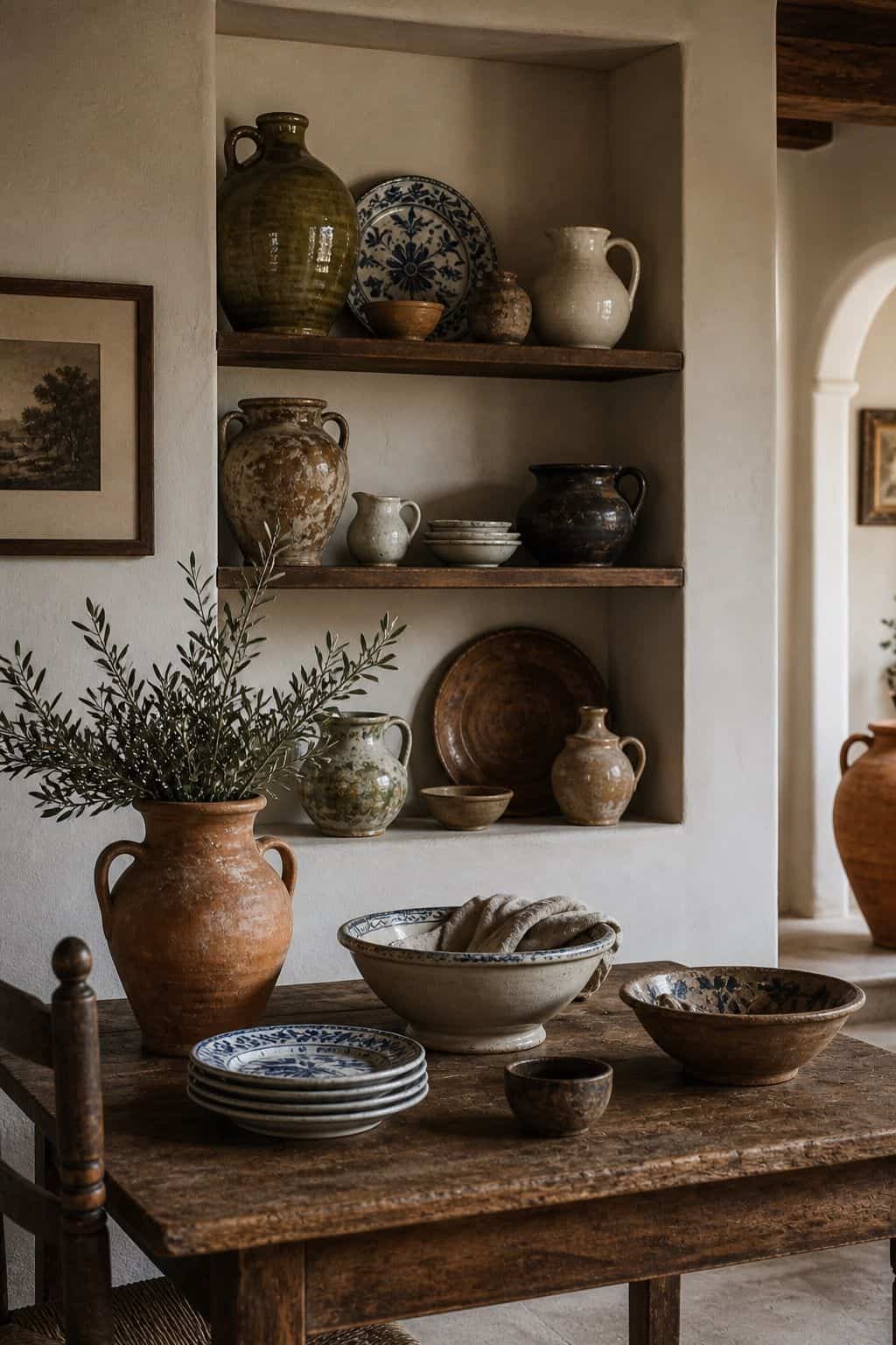Budget Mediterranean decor idea 5, secondhand ceramics, shown in a realistic sun-washed home scene with warm plaster tones, thrifted textures, terracotta, linen, wood, and softly imperfect details. This image illustrates how to create the Mediterranean look affordably with approachable materials, secondhand finds, and practical styling that feels collected, warm, and lived-in rather than expensive or showroom-perfect.