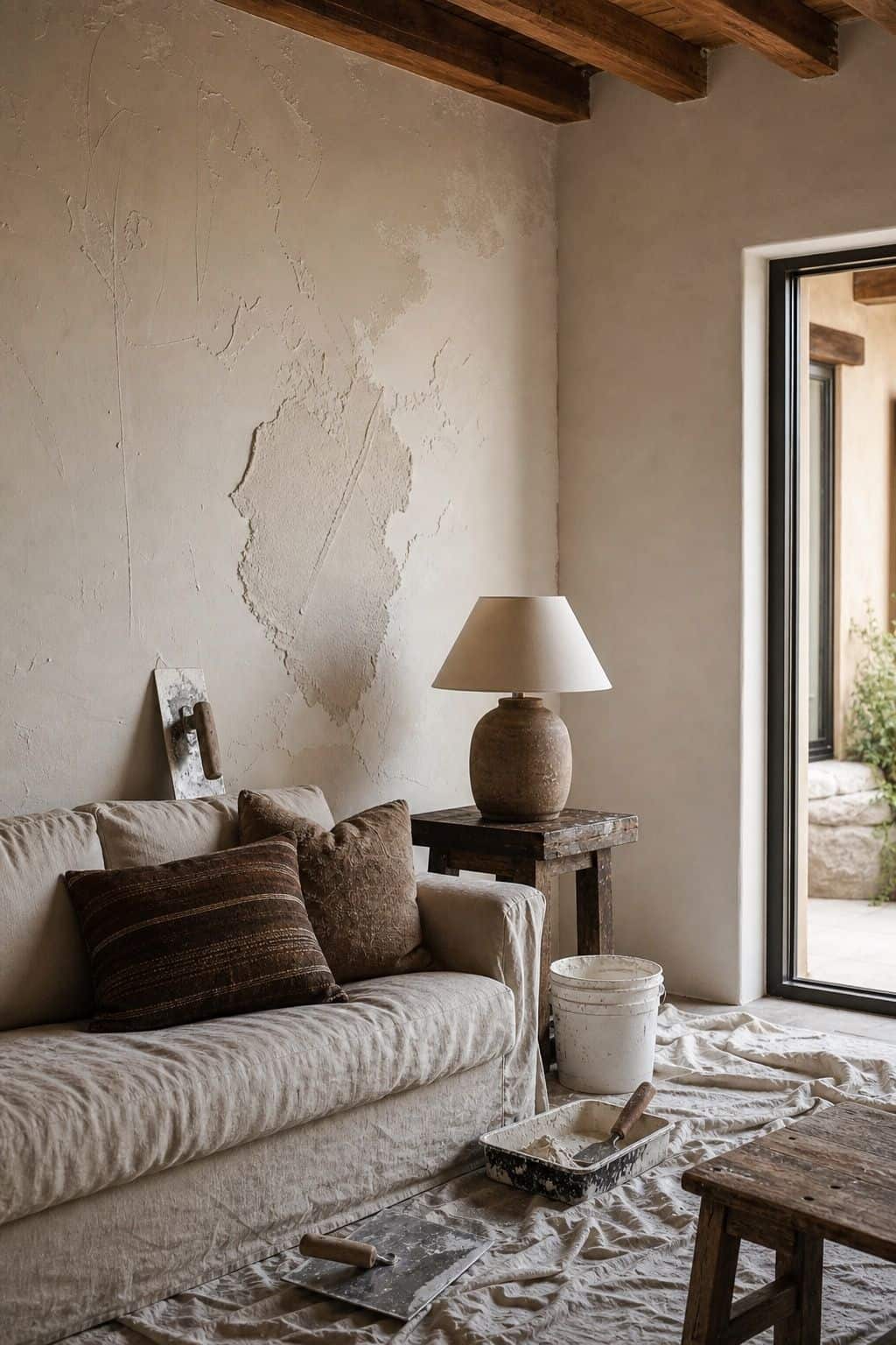 Budget Mediterranean decor idea 6, a diy plaster-look wall, shown in a realistic sun-washed home scene with warm plaster tones, thrifted textures, terracotta, linen, wood, and softly imperfect details. This image illustrates how to create the Mediterranean look affordably with approachable materials, secondhand finds, and practical styling that feels collected, warm, and lived-in rather than expensive or showroom-perfect.