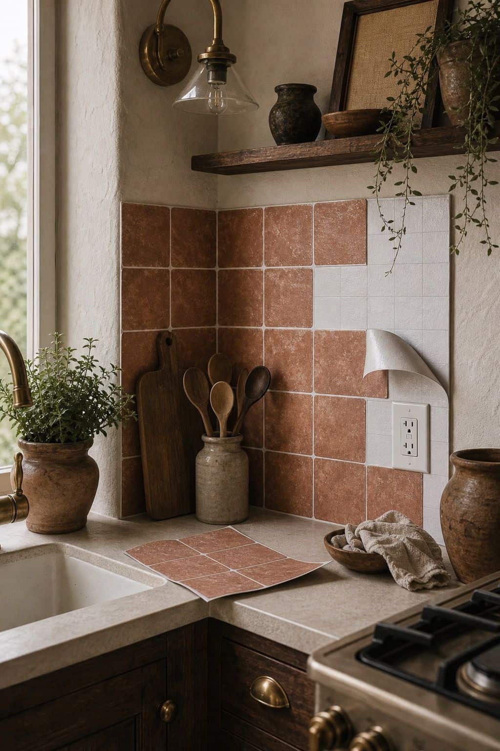 Budget Mediterranean decor idea 7, peel-and-stick tile, shown in a realistic sun-washed home scene with warm plaster tones, thrifted textures, terracotta, linen, wood, and softly imperfect details. This image illustrates how to create the Mediterranean look affordably with approachable materials, secondhand finds, and practical styling that feels collected, warm, and lived-in rather than expensive or showroom-perfect.