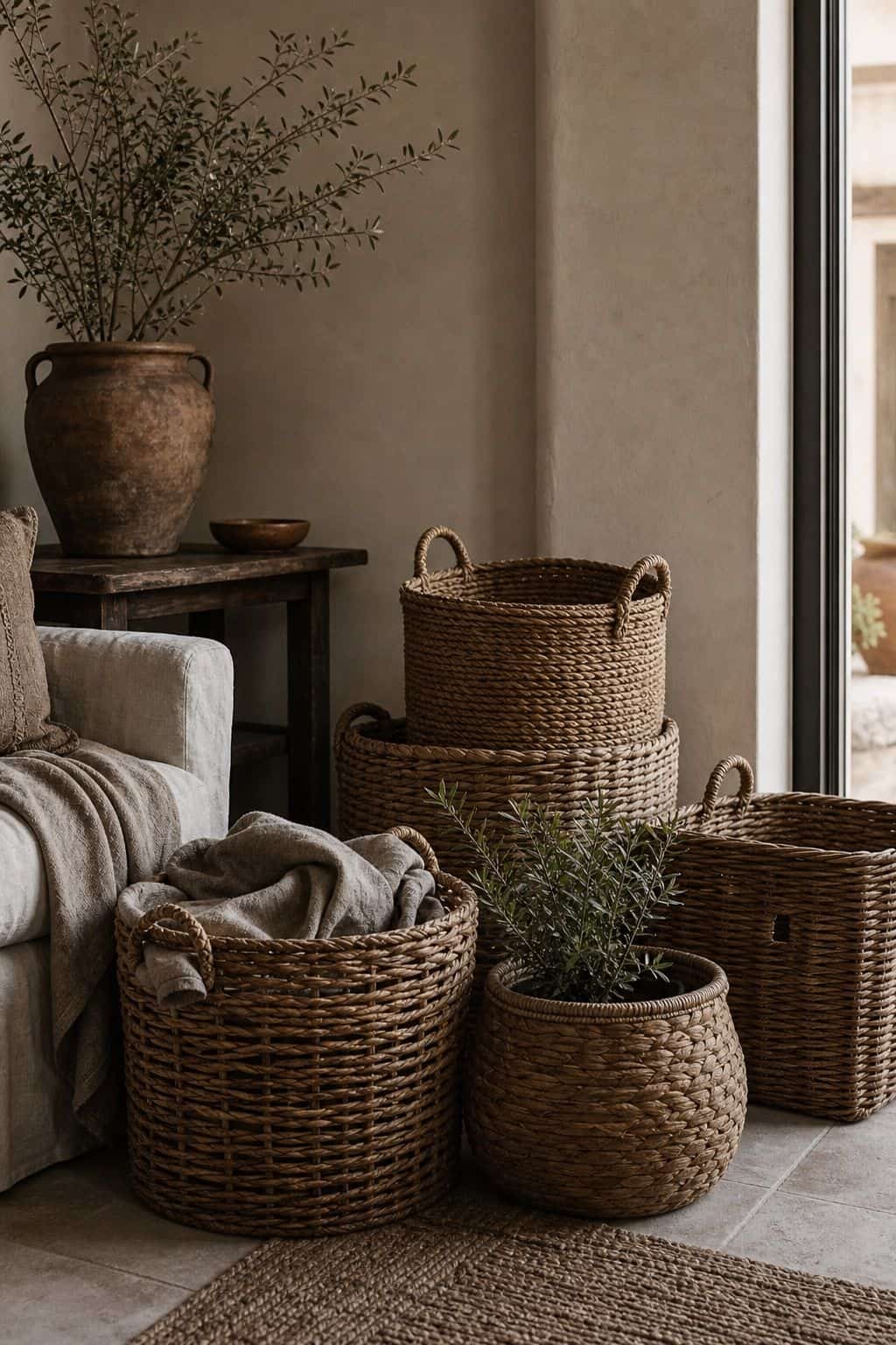 Budget Mediterranean decor idea 8, woven thrifted baskets, shown in a realistic sun-washed home scene with warm plaster tones, thrifted textures, terracotta, linen, wood, and softly imperfect details. This image illustrates how to create the Mediterranean look affordably with approachable materials, secondhand finds, and practical styling that feels collected, warm, and lived-in rather than expensive or showroom-perfect.