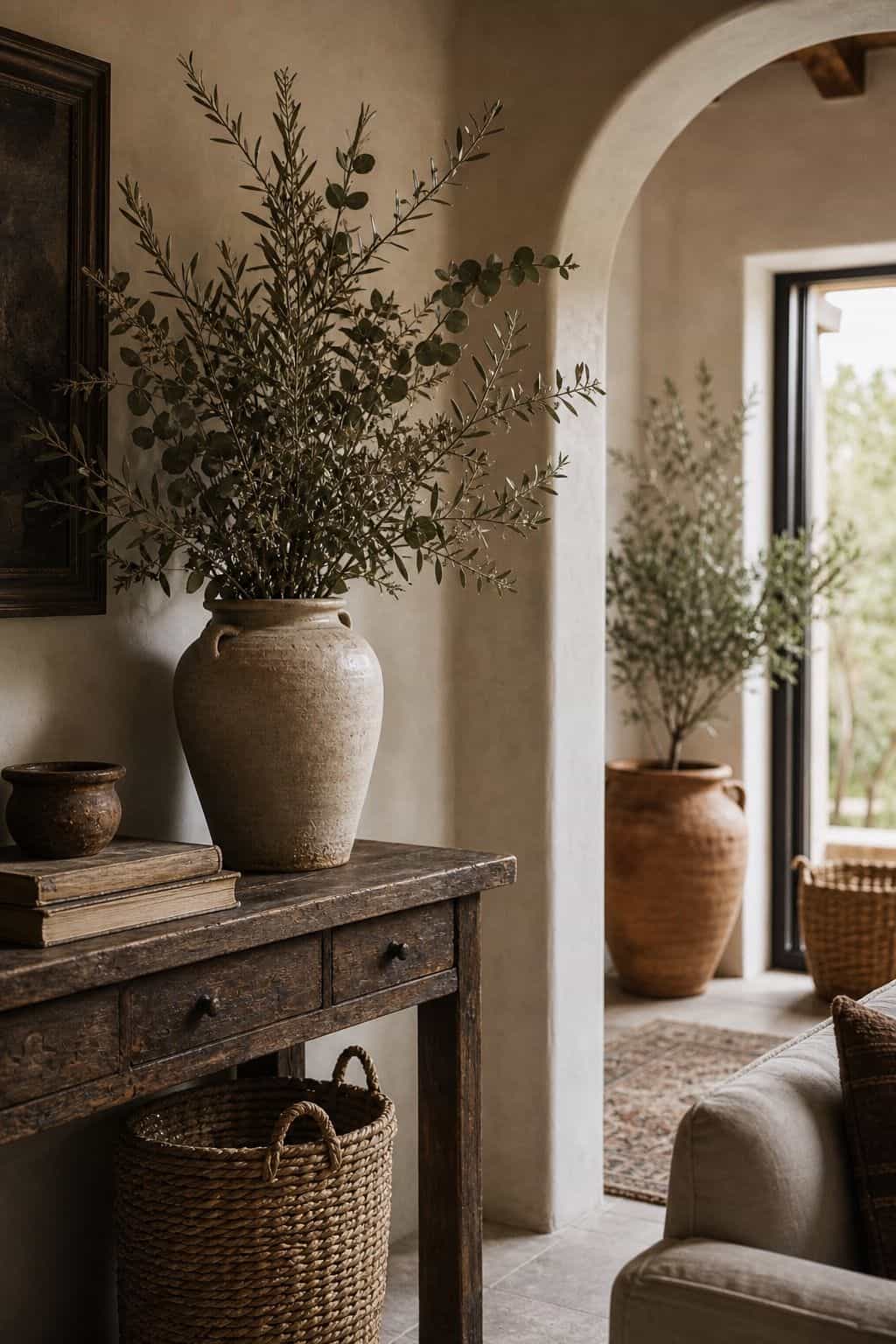 Budget Mediterranean decor idea 9, dried olive and eucalyptus branches, shown in a realistic sun-washed home scene with warm plaster tones, thrifted textures, terracotta, linen, wood, and softly imperfect details. This image illustrates how to create the Mediterranean look affordably with approachable materials, secondhand finds, and practical styling that feels collected, warm, and lived-in rather than expensive or showroom-perfect.