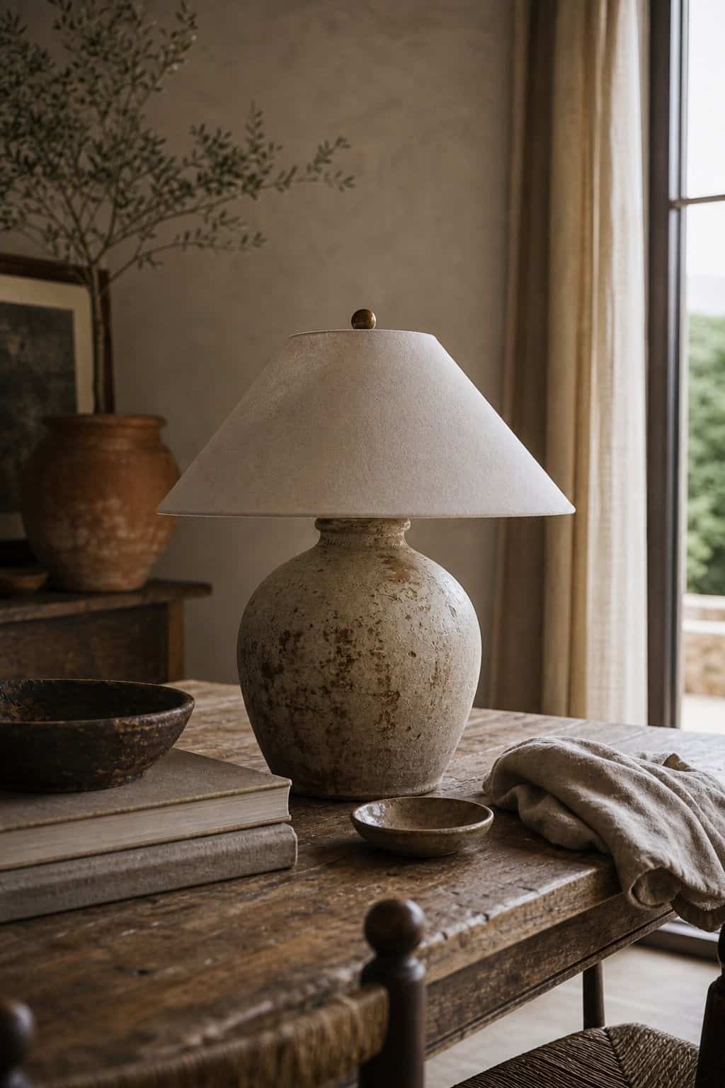Budget Mediterranean decor idea 11, one handmade splurge, shown in a realistic sun-washed home scene with warm plaster tones, thrifted textures, terracotta, linen, wood, and softly imperfect details. This image illustrates how to create the Mediterranean look affordably with approachable materials, secondhand finds, and practical styling that feels collected, warm, and lived-in rather than expensive or showroom-perfect.