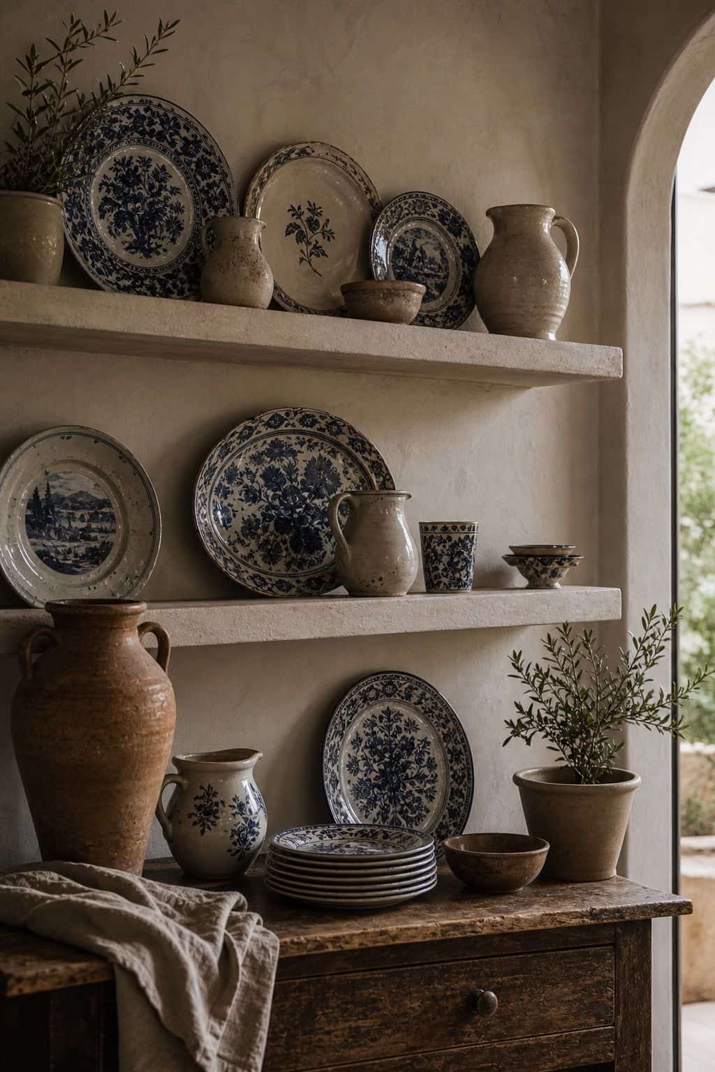 Budget Mediterranean decor idea 12, thrifted blue-and-white china, shown in a realistic sun-washed home scene with warm plaster tones, thrifted textures, terracotta, linen, wood, and softly imperfect details. This image illustrates how to create the Mediterranean look affordably with approachable materials, secondhand finds, and practical styling that feels collected, warm, and lived-in rather than expensive or showroom-perfect.