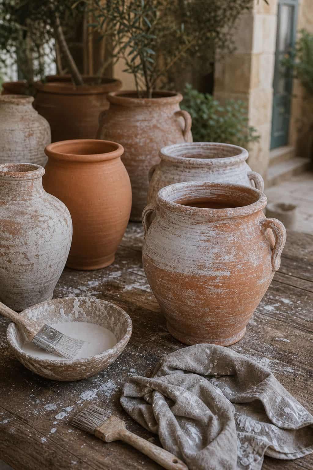 Budget Mediterranean decor idea 13, aged new terracotta, shown in a realistic sun-washed home scene with warm plaster tones, thrifted textures, terracotta, linen, wood, and softly imperfect details. This image illustrates how to create the Mediterranean look affordably with approachable materials, secondhand finds, and practical styling that feels collected, warm, and lived-in rather than expensive or showroom-perfect.