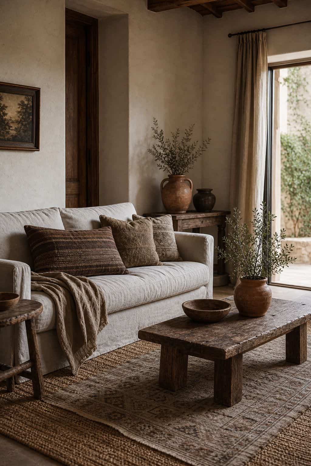 Budget Mediterranean decor idea 14, natural-fiber rugs, shown in a realistic sun-washed home scene with warm plaster tones, thrifted textures, terracotta, linen, wood, and softly imperfect details. This image illustrates how to create the Mediterranean look affordably with approachable materials, secondhand finds, and practical styling that feels collected, warm, and lived-in rather than expensive or showroom-perfect.