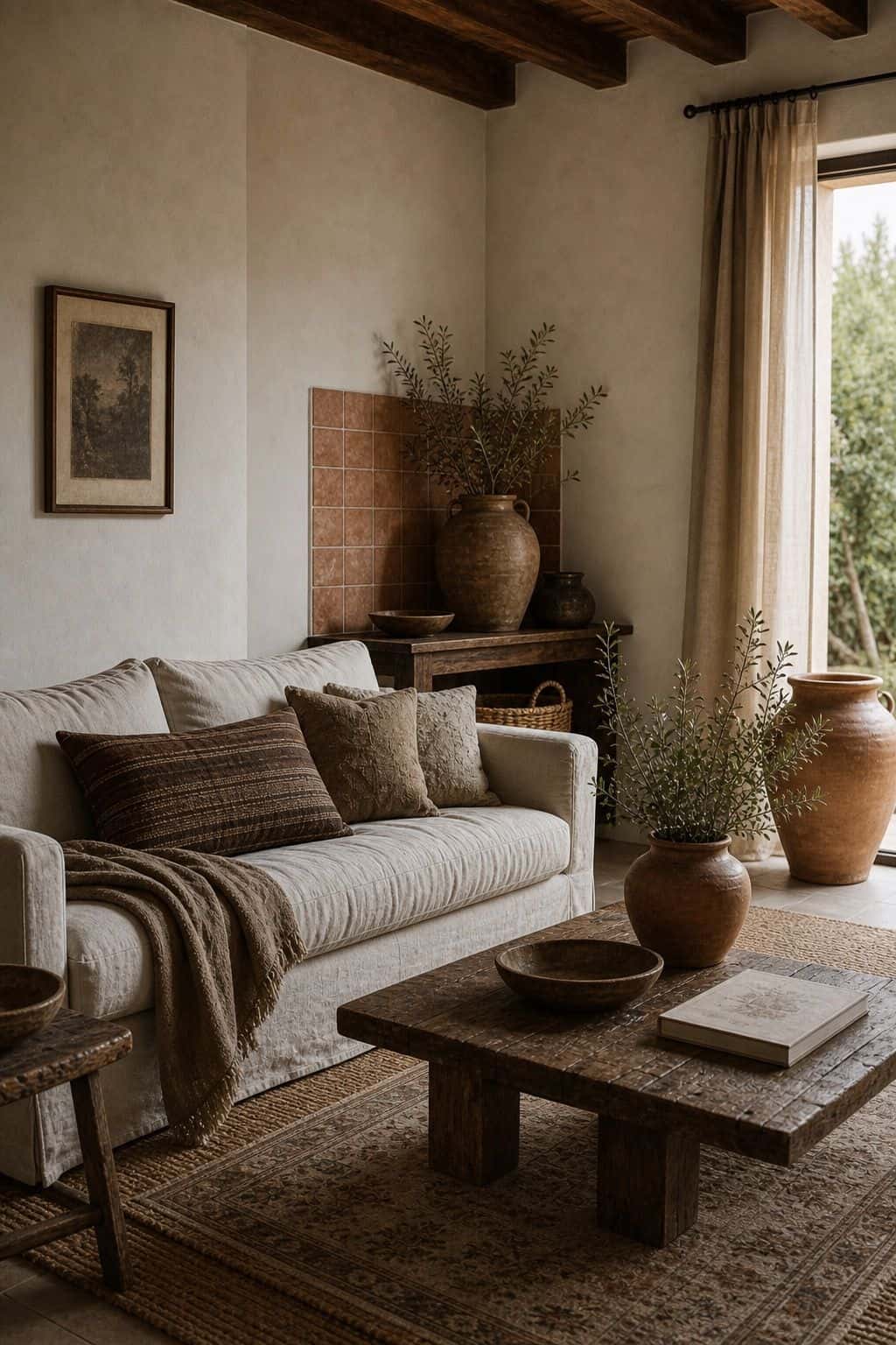 Budget Mediterranean decor idea 15, the renter-friendly version, shown in a realistic sun-washed home scene with warm plaster tones, thrifted textures, terracotta, linen, wood, and softly imperfect details. This image illustrates how to create the Mediterranean look affordably with approachable materials, secondhand finds, and practical styling that feels collected, warm, and lived-in rather than expensive or showroom-perfect.