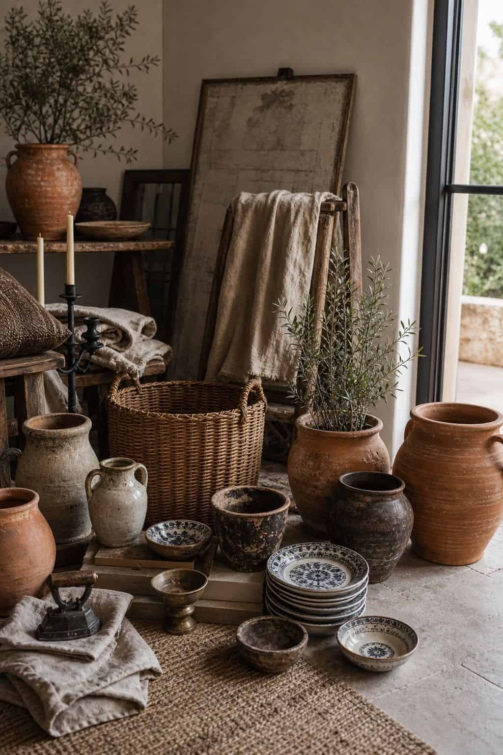 Budget Mediterranean decor idea 16, shop the whole region's look, not one store, shown in a realistic sun-washed home scene with warm plaster tones, thrifted textures, terracotta, linen, wood, and softly imperfect details. This image illustrates how to create the Mediterranean look affordably with approachable materials, secondhand finds, and practical styling that feels collected, warm, and lived-in rather than expensive or showroom-perfect.