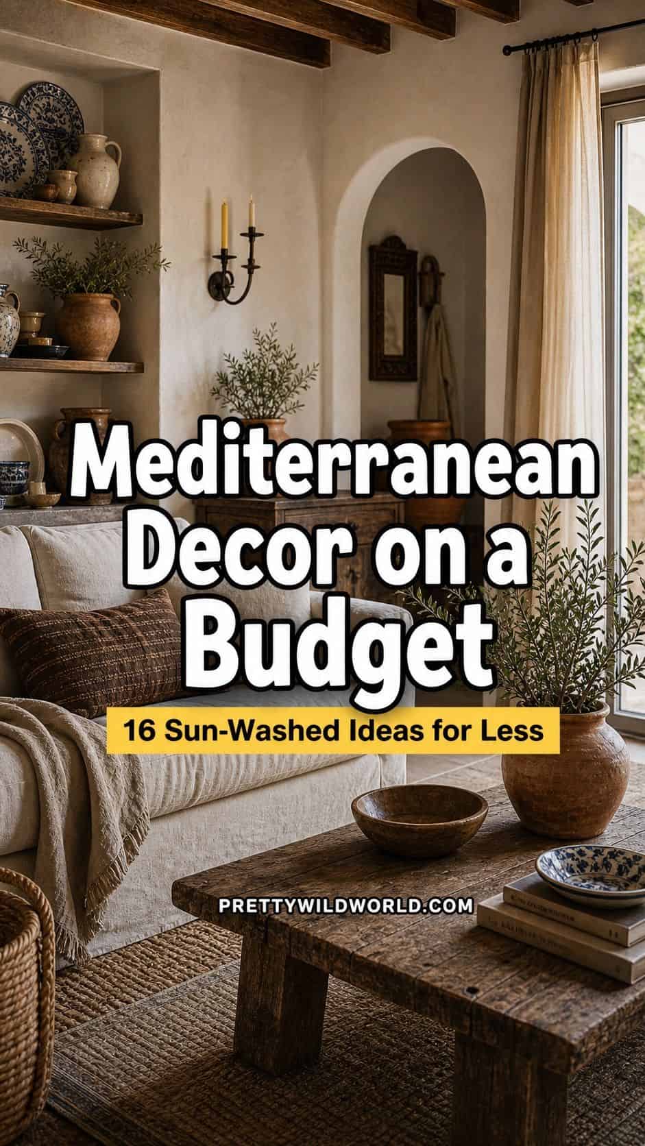 Pinterest pin for Mediterranean decor on a budget, featuring a realistic sun-washed living room with lime-wash walls, linen seating, terracotta pots, thrifted wood, wrought iron, woven baskets, blue-and-white ceramics, and bold Pretty Wild World branding. The image promotes affordable Mediterranean styling ideas that make a room feel warm, collected, textured, and expensive without buying every piece new.