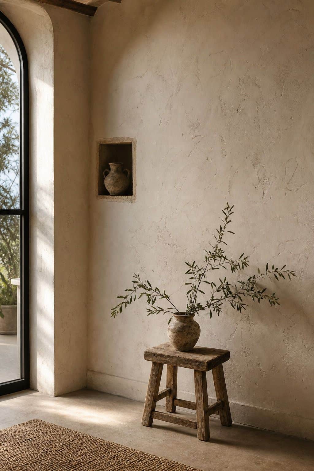 A moody editorial Mediterranean interior photo showing creamy limewash plaster wall with an olive branch on a small rustic stool beside a tall window, styled as realistic inspiration for A Plaster or Lime-Wash Texture Wall. The scene uses soft natural daylight, aged plaster, handmade materials, and imperfect lived-in details, making it useful for saving Mediterranean wall decor and limewash wall ideas inspiration. It also fits textured wall decor, warm neutral home decor searches for a warm