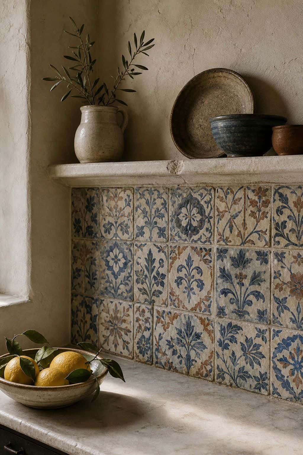 A moody editorial Mediterranean interior photo showing hand-painted blue and terracotta tile set into a warm kitchen wall with chipped glaze and lemons nearby, styled as realistic inspiration for Hand-Painted Tile. The scene uses soft natural daylight, aged plaster, handmade materials, and imperfect lived-in details, making it useful for saving Mediterranean tile ideas and hand painted tile decor inspiration. It also fits Mediterranean kitchen decor, textured wall decor searches for a warm