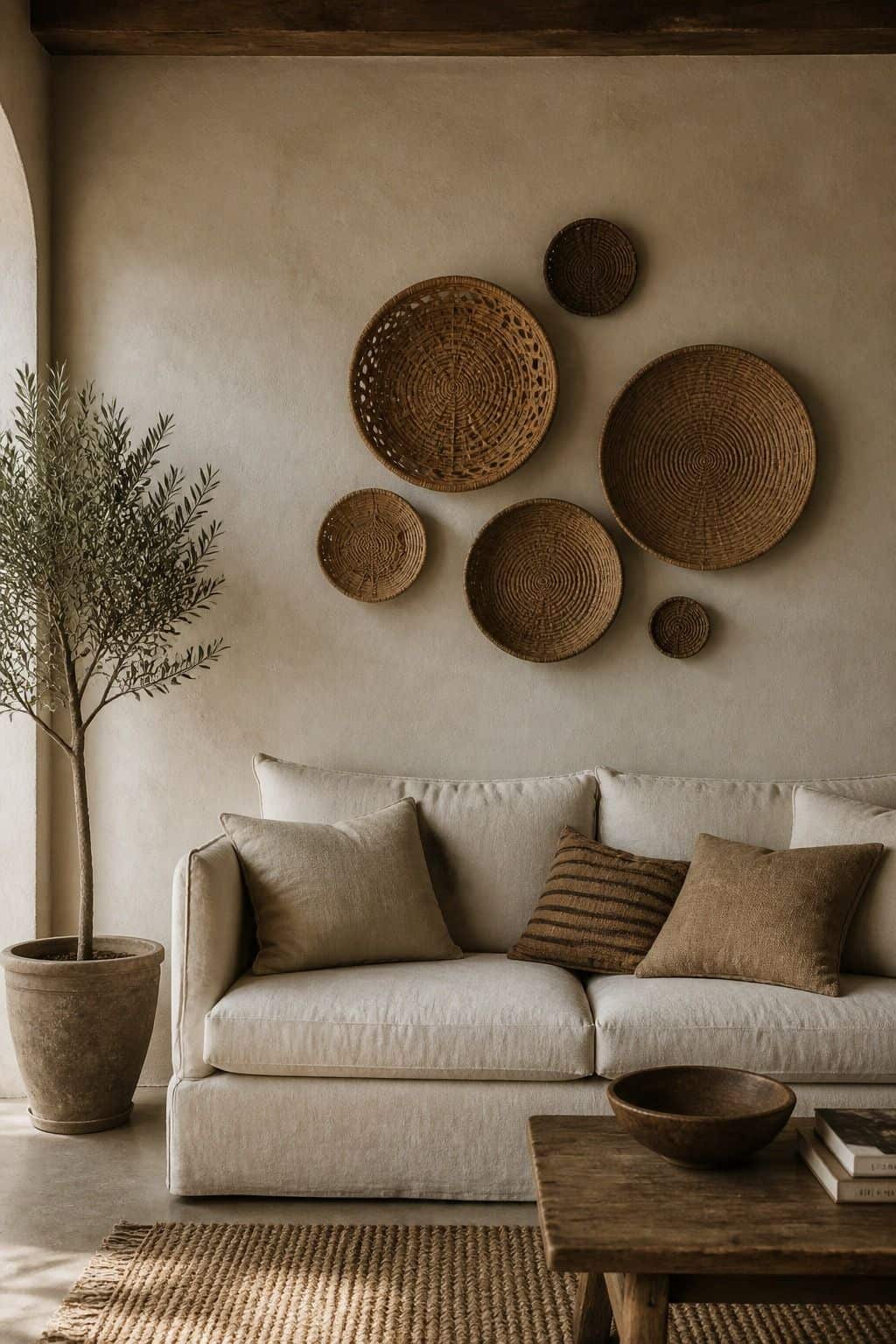 A moody editorial Mediterranean interior photo showing loose woven basket wall above a linen sofa with natural fibers, plaster texture, and quiet earthy styling, styled as realistic inspiration for Woven Baskets as Wall Art. The scene uses soft natural daylight, aged plaster, handmade materials, and imperfect lived-in details, making it useful for saving woven basket wall decor and Mediterranean wall decor inspiration. It also fits natural fiber home decor, warm neutral home decor searches