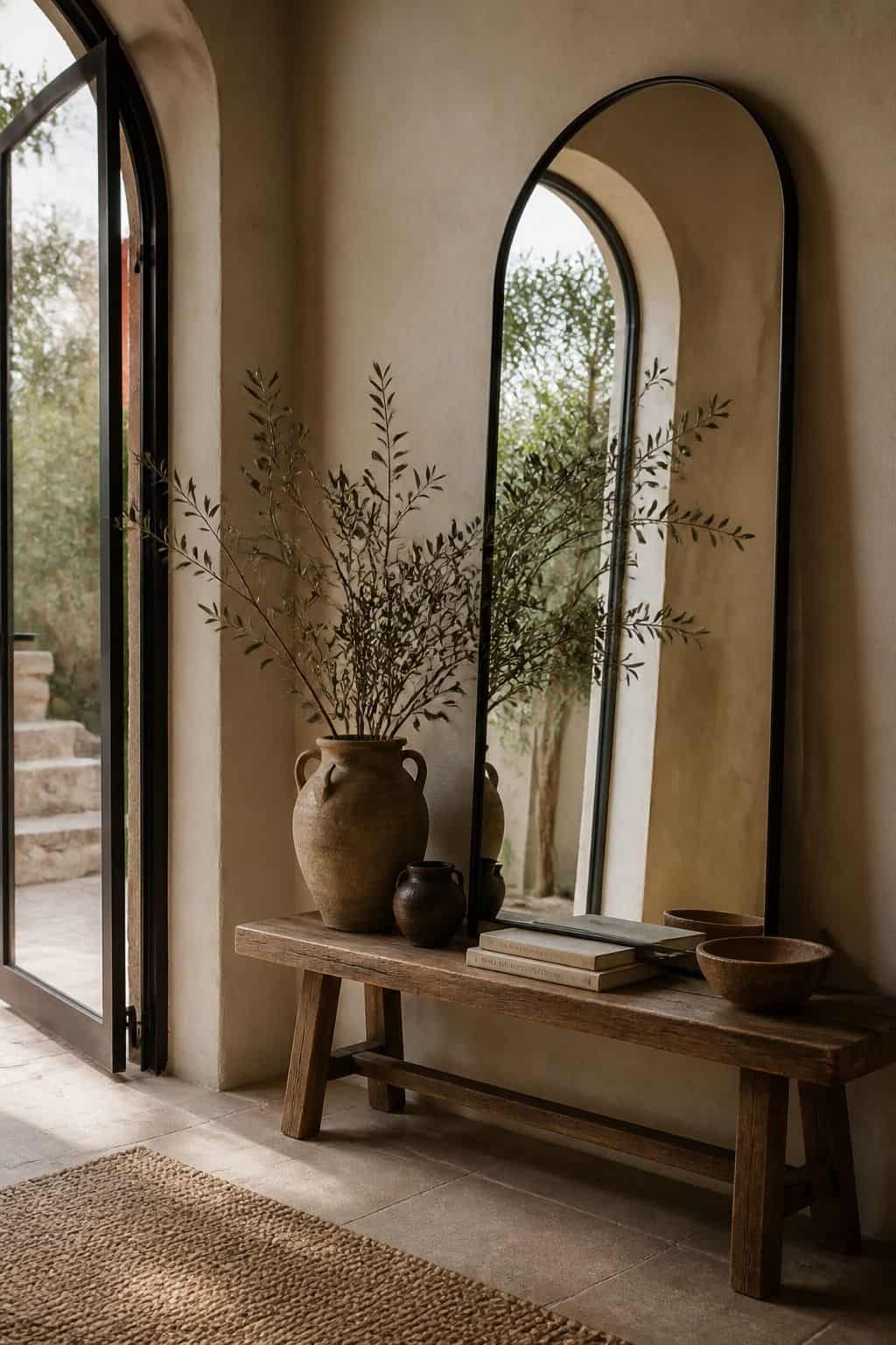 A moody editorial Mediterranean interior photo showing tall arched mirror on a textured Mediterranean entry wall reflecting olive branches and handmade ceramics, styled as realistic inspiration for An Arched Mirror. The scene uses soft natural daylight, aged plaster, handmade materials, and imperfect lived-in details, making it useful for saving arched mirror decor and Mediterranean entryway ideas inspiration. It also fits Mediterranean wall decor, textured wall decor searches for a warm te