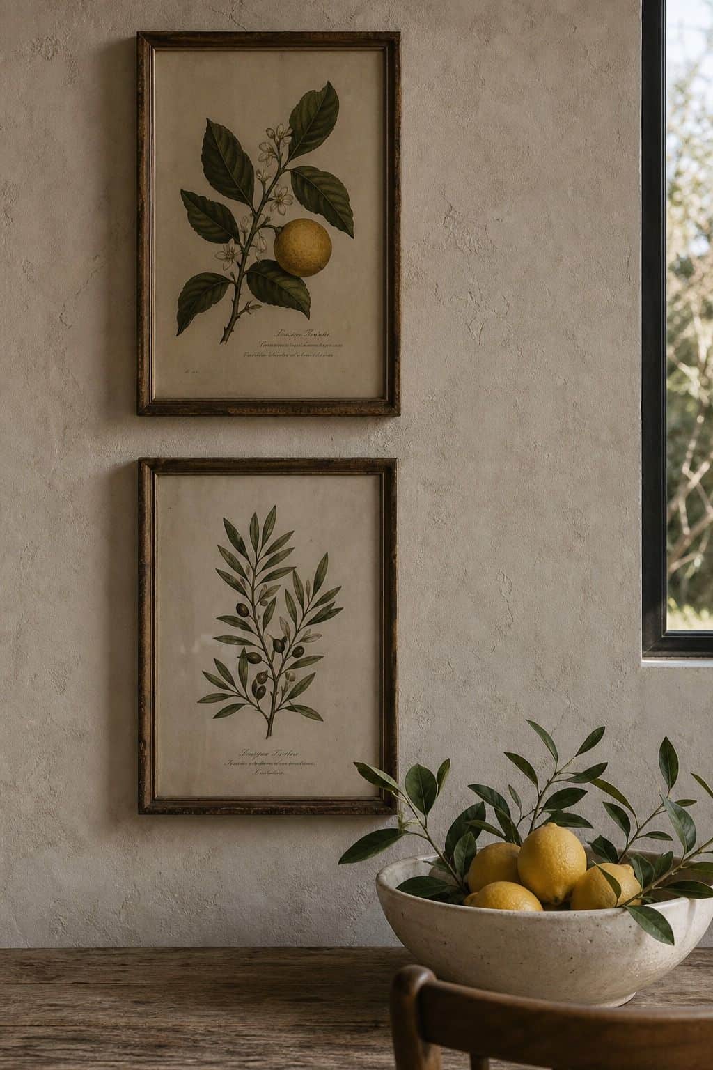 A moody editorial Mediterranean interior photo showing vintage botanical and citrus prints framed above a dining nook with lemons and olive leaves in natural light, styled as realistic inspiration for Botanical and Citrus Prints. The scene uses soft natural daylight, aged plaster, handmade materials, and imperfect lived-in details, making it useful for saving botanical wall art and citrus print decor inspiration. It also fits Mediterranean home decor ideas, warm neutral home decor searches