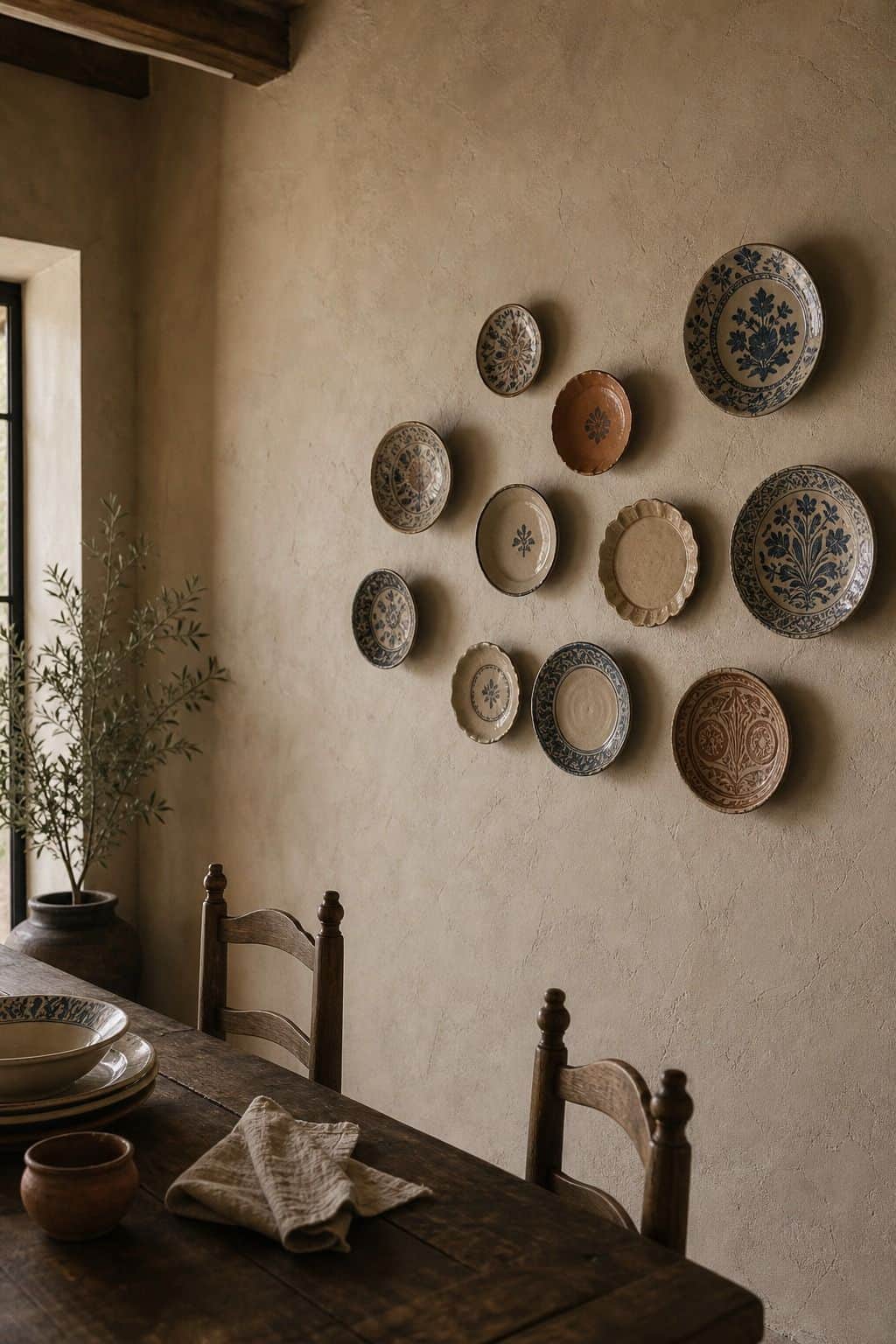 A moody editorial Mediterranean interior photo showing handmade ceramic plate wall in blue, white, and terracotta tones arranged loosely above a rustic dining table, styled as realistic inspiration for A Ceramic Plate Wall. The scene uses soft natural daylight, aged plaster, handmade materials, and imperfect lived-in details, making it useful for saving ceramic plate wall and Mediterranean dining room decor inspiration. It also fits handmade wall decor, Mediterranean wall decor searches for