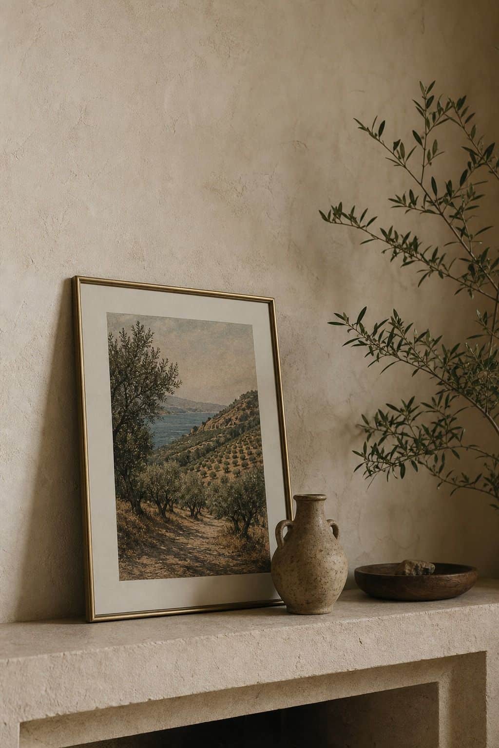 A moody editorial Mediterranean interior photo showing framed vintage Mediterranean landscape print leaning on a mantel with olive grove colors and aged plaster, styled as realistic inspiration for Framed Landscape Art. The scene uses soft natural daylight, aged plaster, handmade materials, and imperfect lived-in details, making it useful for saving Mediterranean landscape art and vintage wall art ideas inspiration. It also fits Mediterranean wall decor, warm neutral home decor searches for