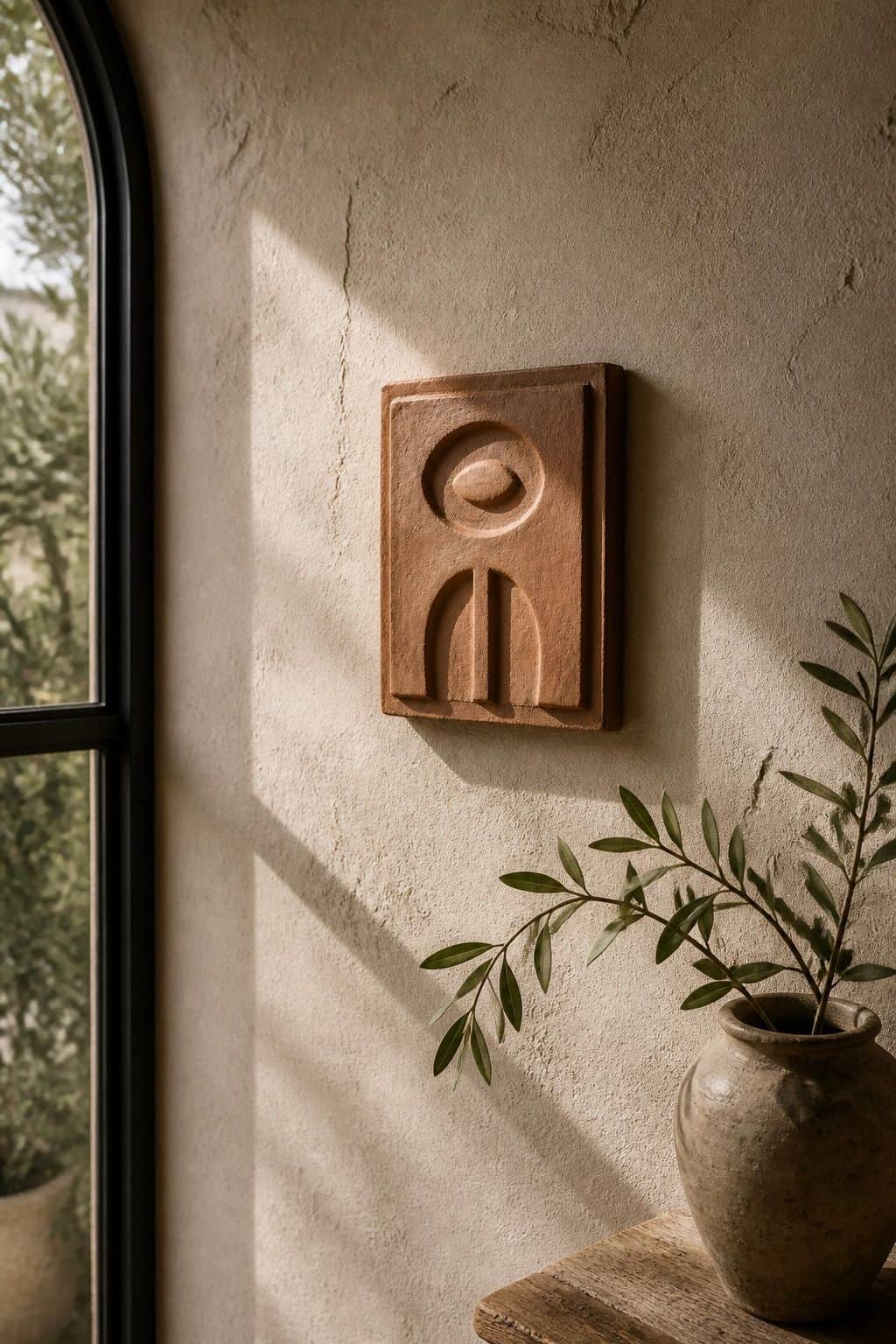 A moody editorial Mediterranean interior photo showing handmade terracotta relief wall hanging on plaster with clay texture, soft shadows, and olive branches, styled as realistic inspiration for A Terracotta Relief or Wall Hanging. The scene uses soft natural daylight, aged plaster, handmade materials, and imperfect lived-in details, making it useful for saving terracotta wall decor and Mediterranean home decor ideas inspiration. It also fits textured wall decor, handmade wall decor searche