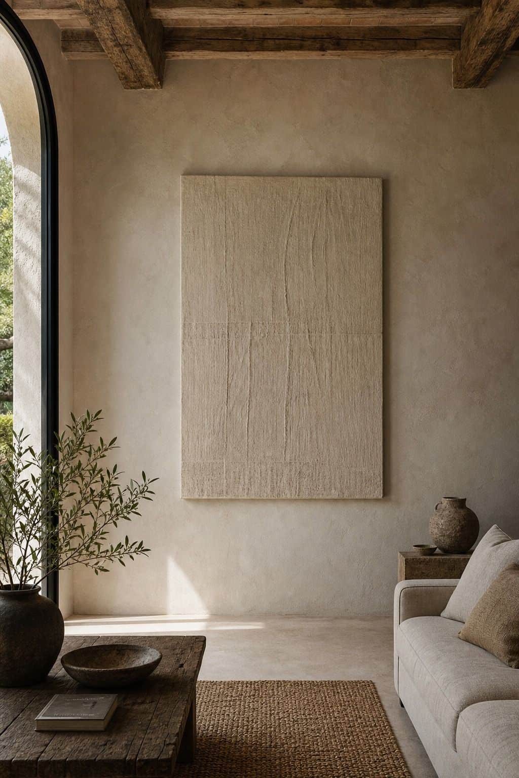A moody editorial Mediterranean interior photo showing single large textured linen artwork hung on bare plaster with generous negative space and neutral furniture, styled as realistic inspiration for A Single Large Textured Piece. The scene uses soft natural daylight, aged plaster, handmade materials, and imperfect lived-in details, making it useful for saving large textured wall art and Mediterranean living room ideas inspiration. It also fits limewash wall ideas, warm neutral home decor s