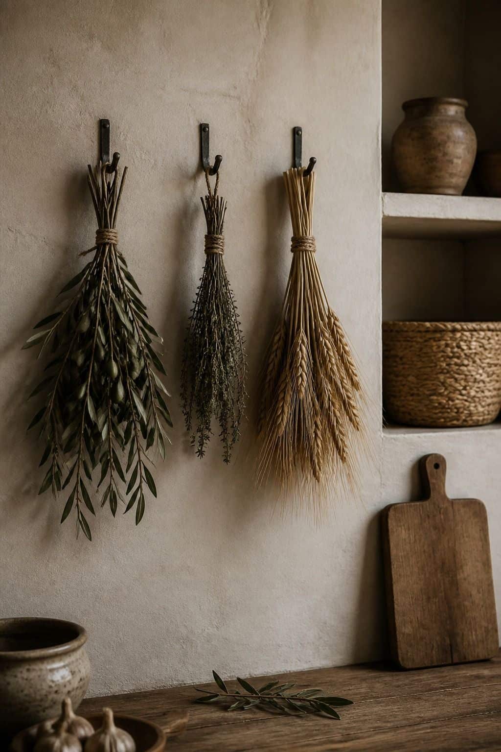 A moody editorial Mediterranean interior photo showing dried olive branches, herbs, and wheat bundles tied with twine on simple hooks in a rustic kitchen vignette, styled as realistic inspiration for Dried-Botanical Hangings. The scene uses soft natural daylight, aged plaster, handmade materials, and imperfect lived-in details, making it useful for saving dried botanical decor and Mediterranean kitchen decor inspiration. It also fits natural wall decor, warm neutral home decor searches for