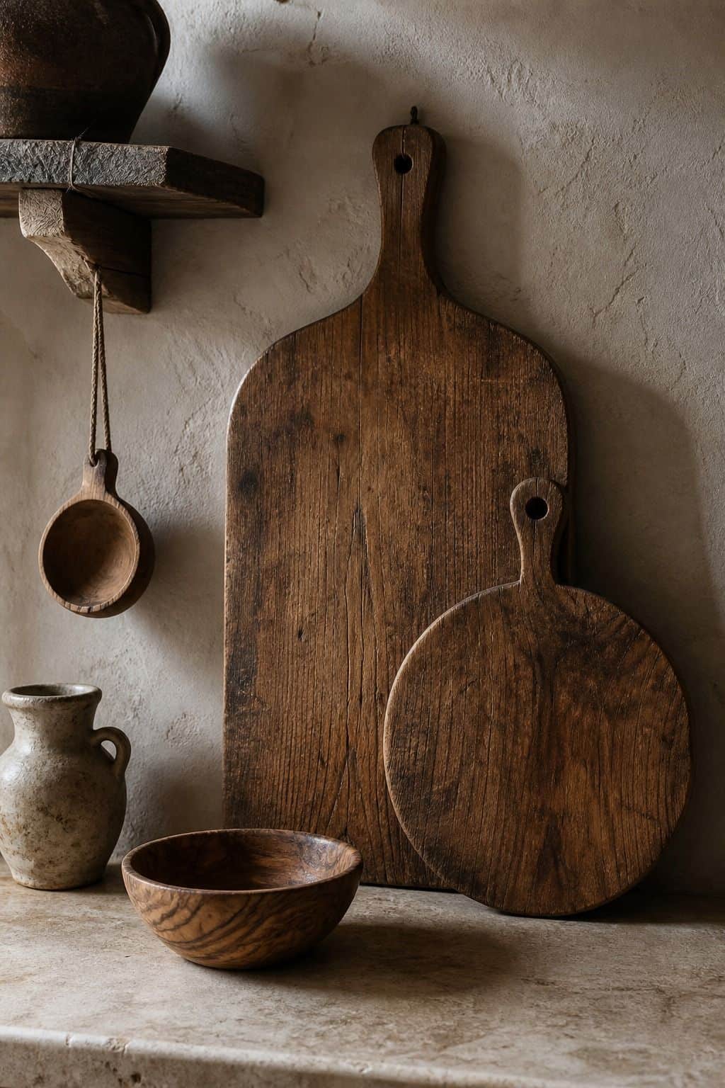 A moody editorial Mediterranean interior photo showing old carved wooden bread boards and olive-wood objects on a plaster kitchen wall with worn patina, styled as realistic inspiration for Carved-Wood Wall Objects. The scene uses soft natural daylight, aged plaster, handmade materials, and imperfect lived-in details, making it useful for saving carved wood wall decor and rustic Mediterranean decor inspiration. It also fits Mediterranean kitchen decor, textured wall decor searches for a warm