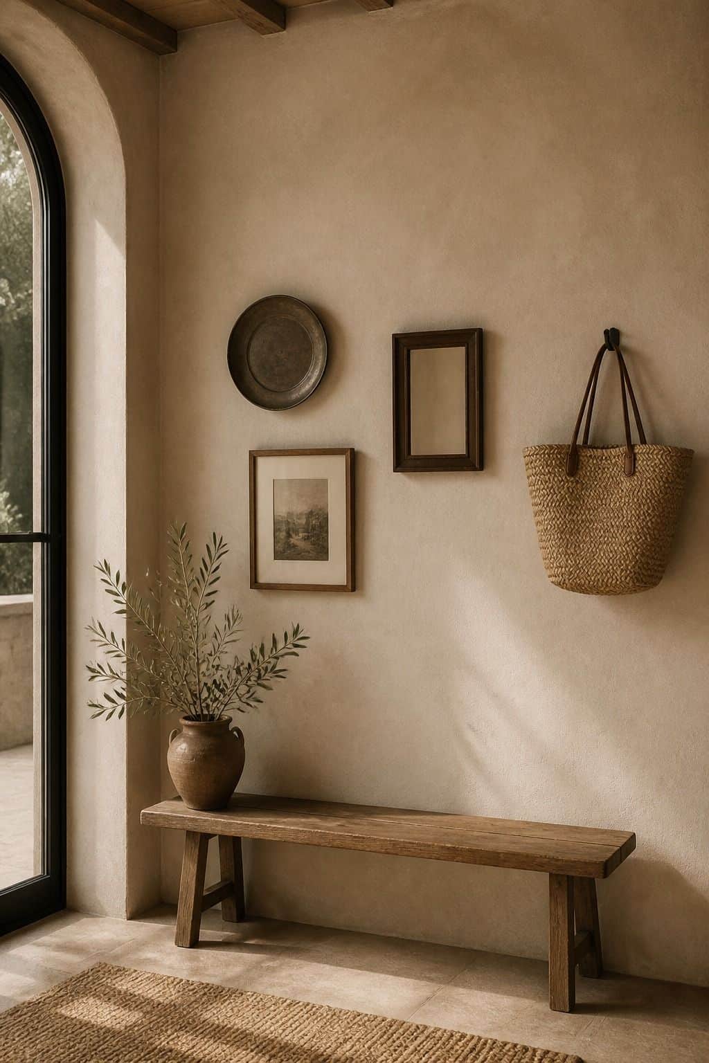 A moody editorial Mediterranean interior photo showing asymmetric gallery wall with a plate, small mirror, basket, and print spaced widely on textured plaster, styled as realistic inspiration for The Negative-Space-Respecting Gallery. The scene uses soft natural daylight, aged plaster, handmade materials, and imperfect lived-in details, making it useful for saving gallery wall ideas and Mediterranean wall decor inspiration. It also fits negative space decor, textured wall decor searches for