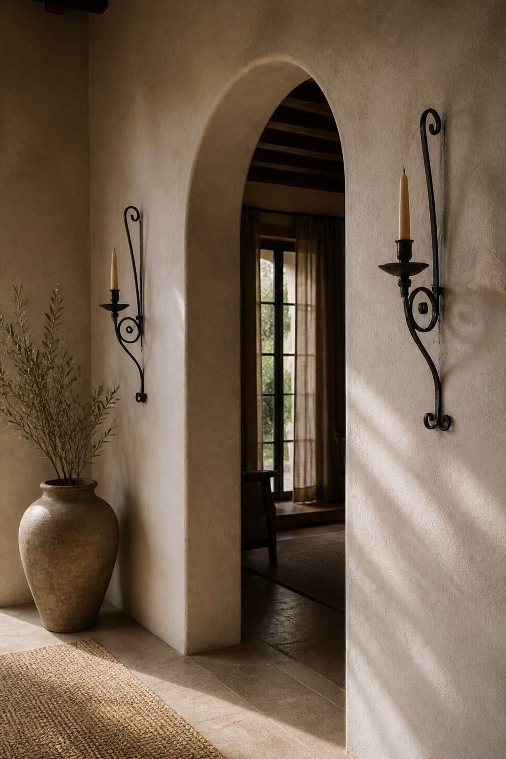 A moody editorial Mediterranean interior photo showing sculptural iron and plaster wall sconces flanking an arched doorway on a softly textured Mediterranean wall, styled as realistic inspiration for Sconces as Decor. The scene uses soft natural daylight, aged plaster, handmade materials, and imperfect lived-in details, making it useful for saving wall sconce decor and wrought iron wall decor inspiration. It also fits Mediterranean entryway ideas, textured wall decor searches for a warm tex