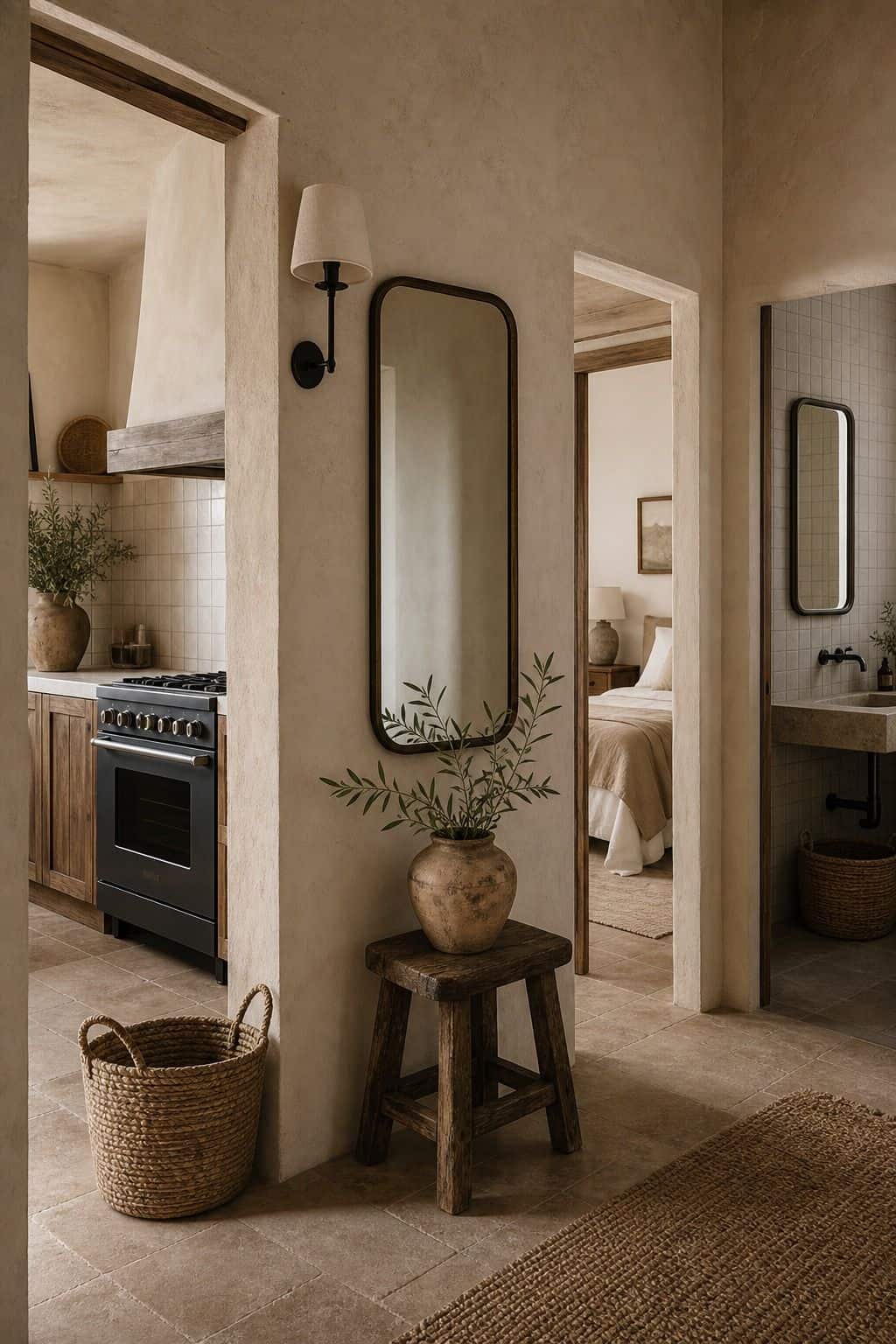 A moody editorial Mediterranean interior photo showing Mediterranean entry wall blending arched mirror, tile, basket, wood, plaster, and room-by-room decorating cues, styled as realistic inspiration for A By-Room Guide. The scene uses soft natural daylight, aged plaster, handmade materials, and imperfect lived-in details, making it useful for saving Mediterranean home decor ideas and room by room decor inspiration. It also fits Mediterranean wall decor, warm neutral home decor searches for