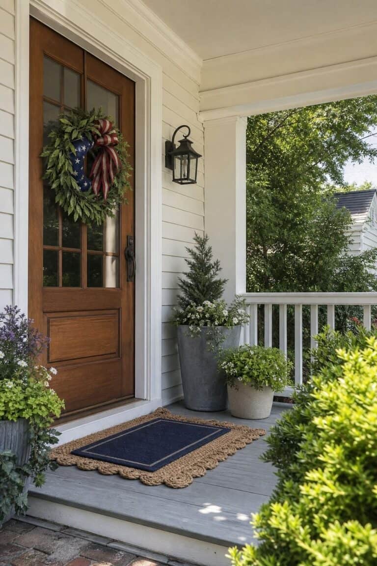 Start with a respectful front porch shown as a realistic Pretty Wild World image for 16 Memorial Day Home Decor Ideas for a Thoughtful Summer Kickoff.