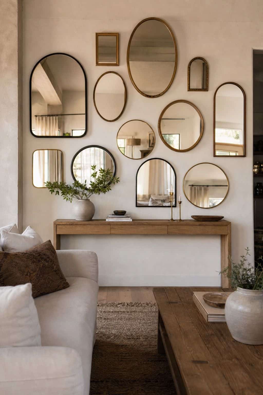 Design a Gallery Wall Featuring Mirrors in Various Shapes and Sizes shown as a realistic Pretty Wild World image for 15 Mirror Wall Decor Ideas That Make Your Home Feel Brighter and More Curated.