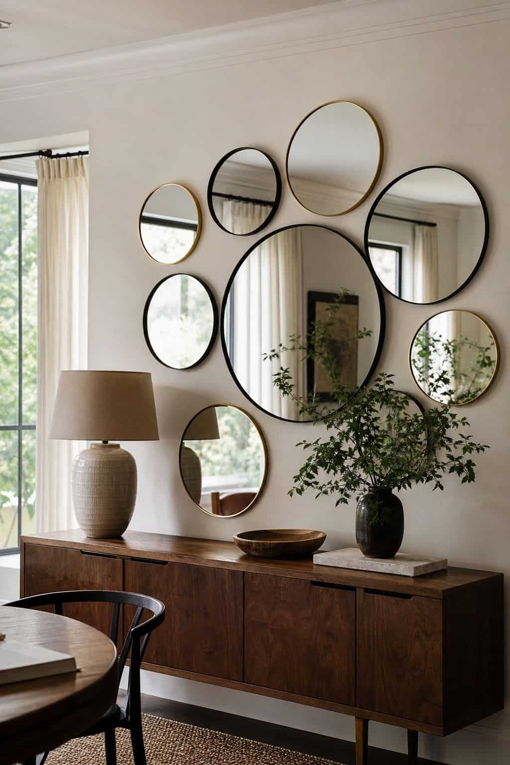 Cluster Round Mirrors Together for an Artistic Arrangement shown as a realistic Pretty Wild World image for 15 Mirror Wall Decor Ideas That Make Your Home Feel Brighter and More Curated.