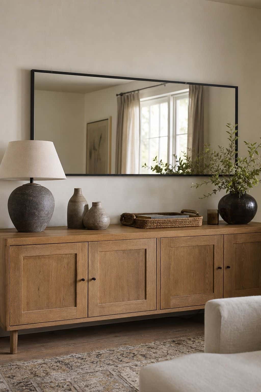 Hang a Wide Rectangular Mirror Above Furniture Horizontally shown as a realistic Pretty Wild World image for 15 Mirror Wall Decor Ideas That Make Your Home Feel Brighter and More Curated.