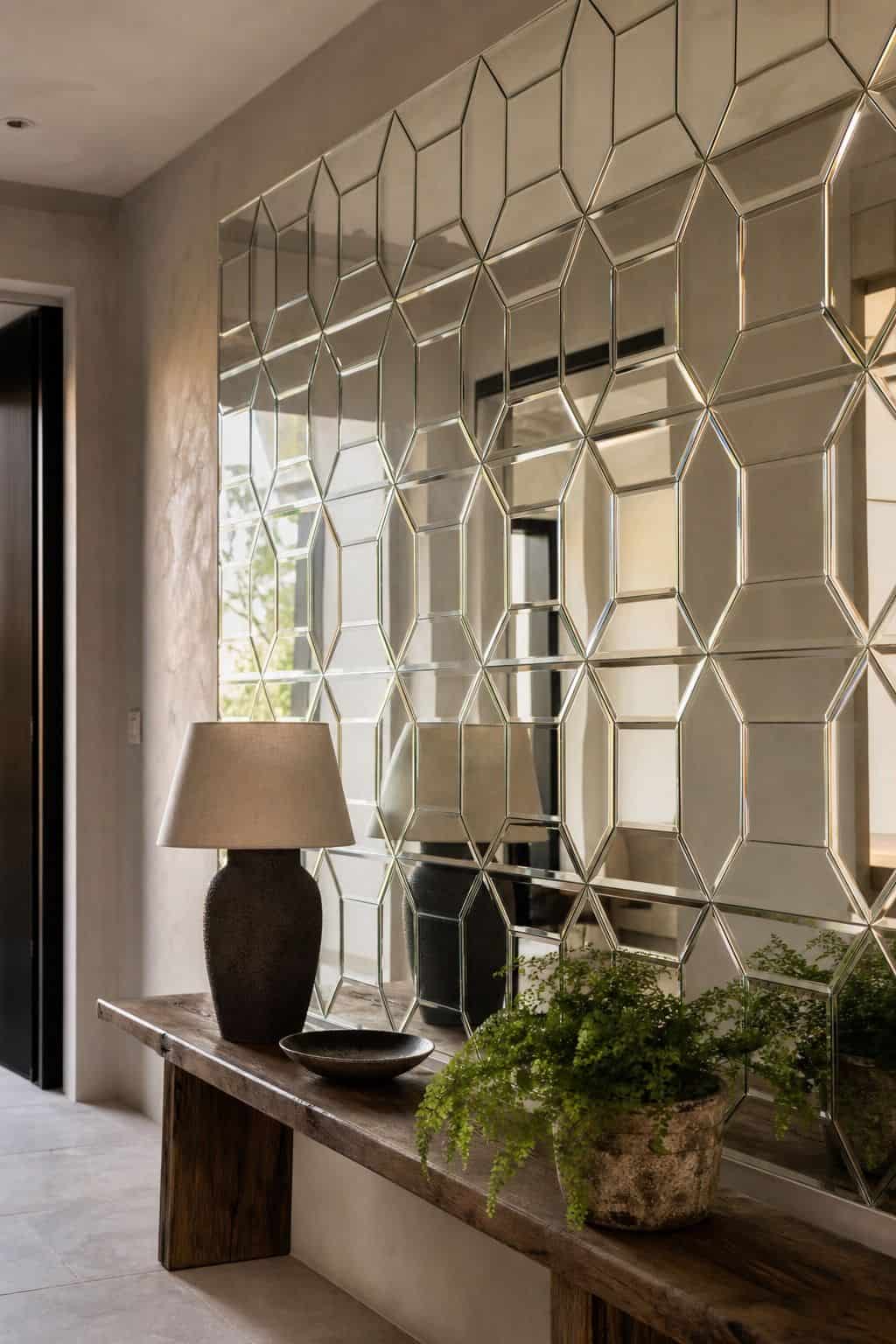 Create Geometric Patterns Using Mirrored Tiles on the Wall shown as a realistic Pretty Wild World image for 15 Mirror Wall Decor Ideas That Make Your Home Feel Brighter and More Curated.