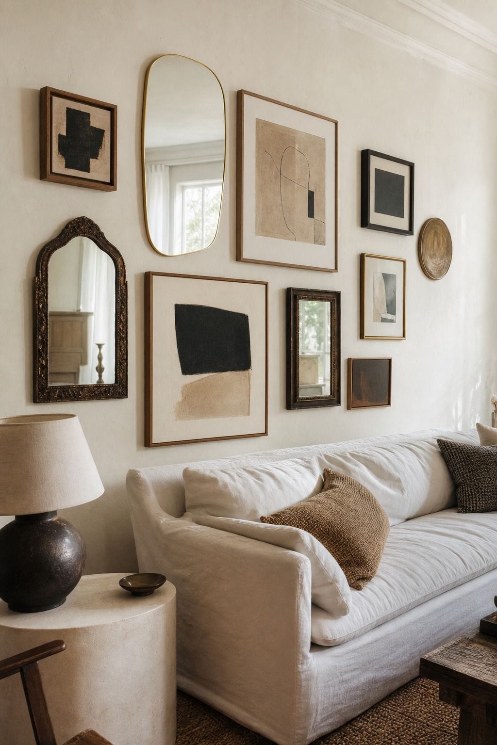Mix Mirrors with Artwork for a Diverse Wall Display shown as a realistic Pretty Wild World image for 15 Mirror Wall Decor Ideas That Make Your Home Feel Brighter and More Curated.