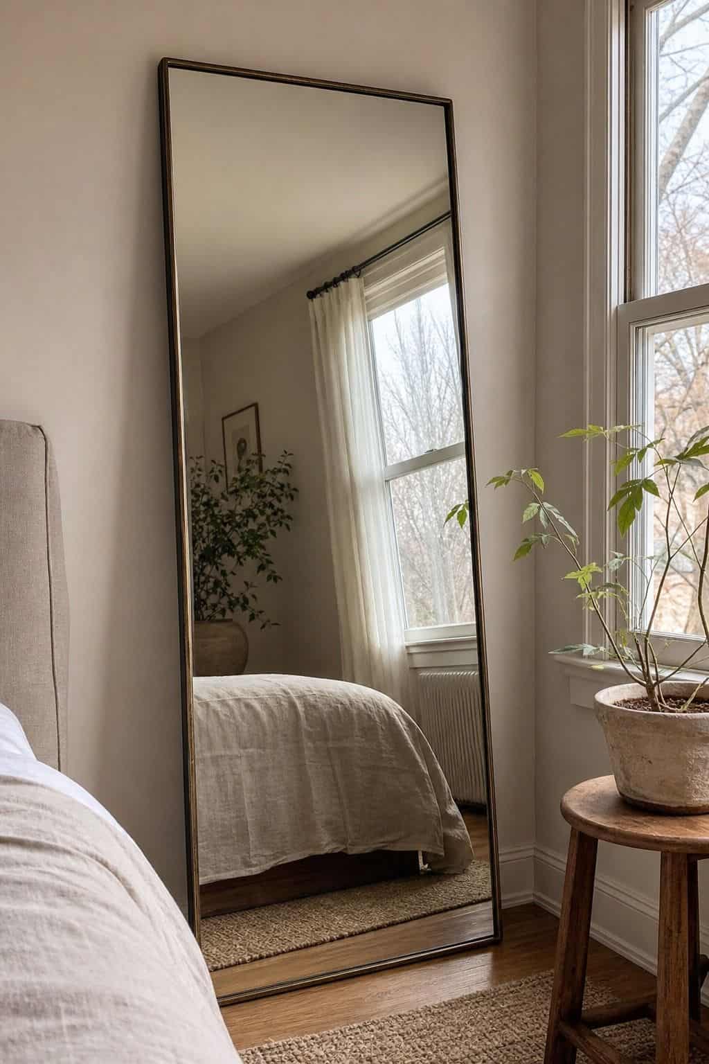 Lean a Full-Length Mirror Against the Wall for Depth shown as a realistic Pretty Wild World image for 15 Mirror Wall Decor Ideas That Make Your Home Feel Brighter and More Curated.