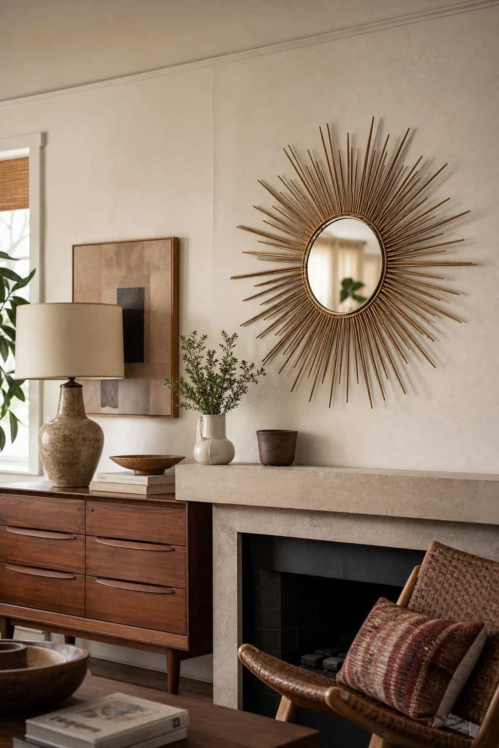 Incorporate Sunburst or Starburst Mirrors for a Retro Vibe shown as a realistic Pretty Wild World image for 15 Mirror Wall Decor Ideas That Make Your Home Feel Brighter and More Curated.