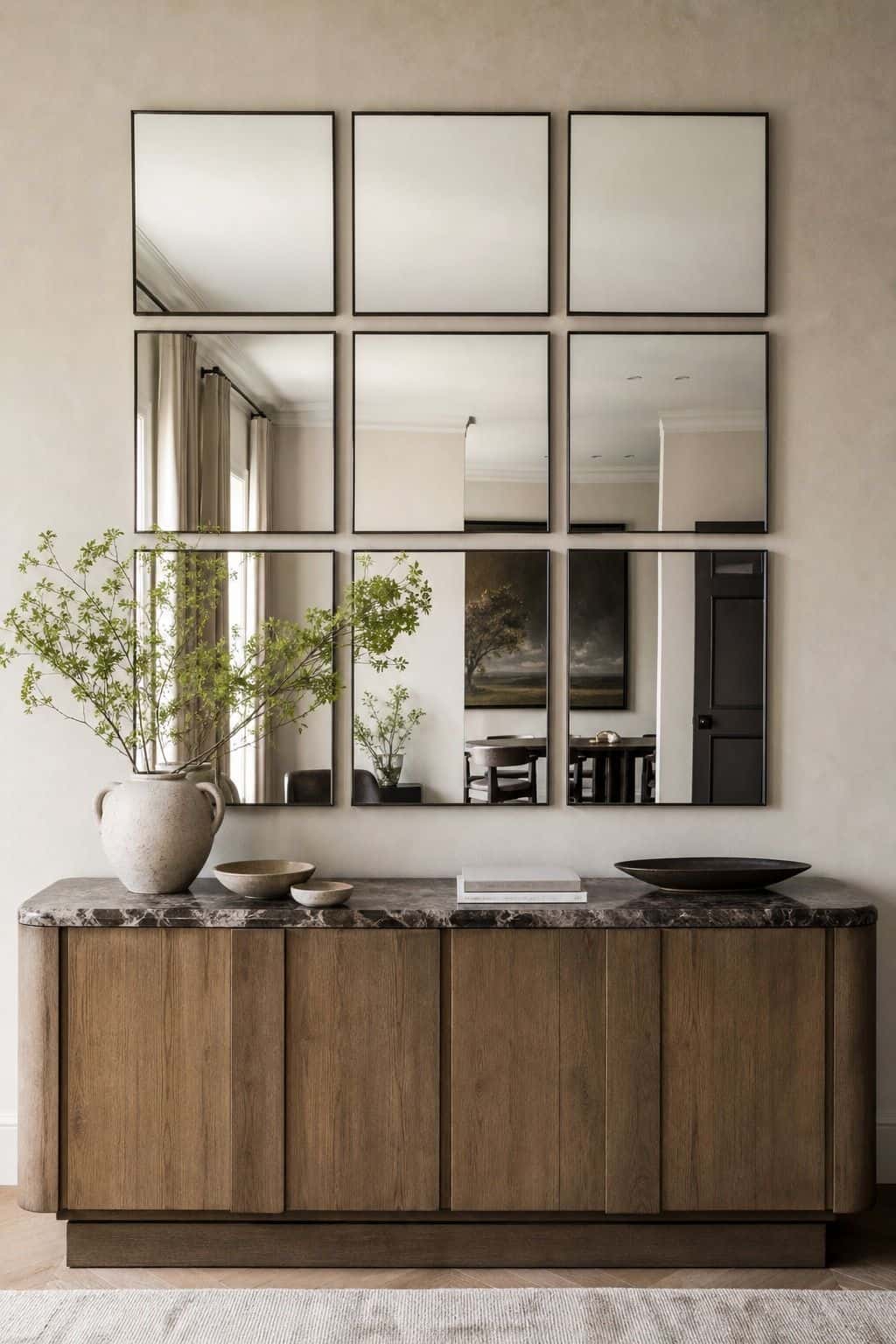 Arrange Mirrors in a Symmetrical Grid for Balance shown as a realistic Pretty Wild World image for 15 Mirror Wall Decor Ideas That Make Your Home Feel Brighter and More Curated.