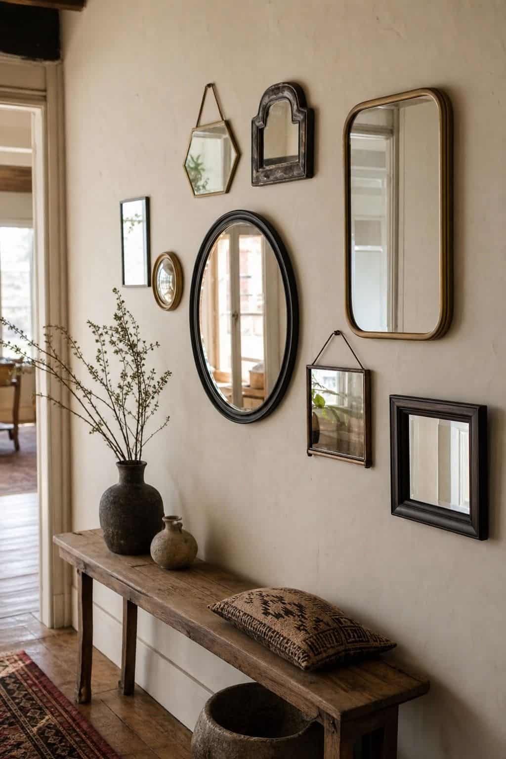 Position Mirrors at Different Heights to Create Interest shown as a realistic Pretty Wild World image for 15 Mirror Wall Decor Ideas That Make Your Home Feel Brighter and More Curated.