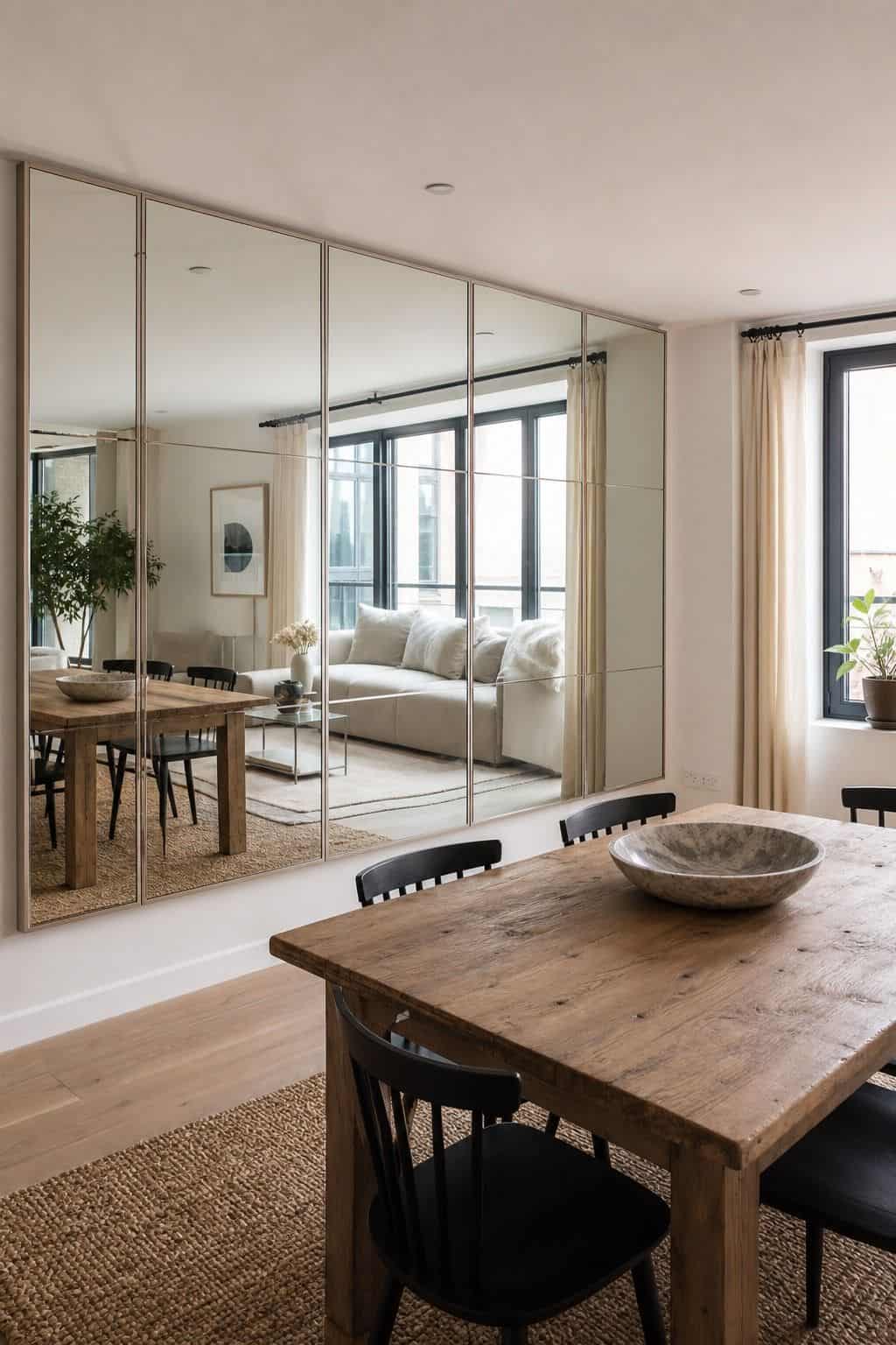 Use Mirrored Panels to Amplify Light and Make the Room Feel Bigger shown as a realistic Pretty Wild World image for 15 Mirror Wall Decor Ideas That Make Your Home Feel Brighter and More Curated.