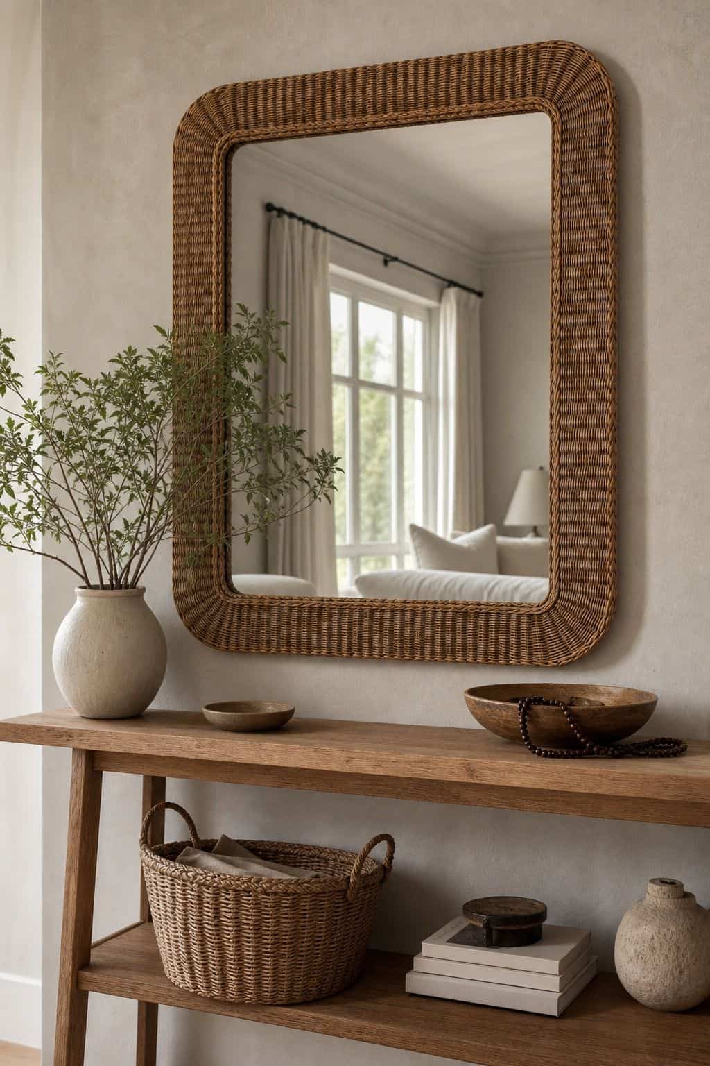 Frame Mirrors with Natural Elements Like Wood or Wicker shown as a realistic Pretty Wild World image for 15 Mirror Wall Decor Ideas That Make Your Home Feel Brighter and More Curated.