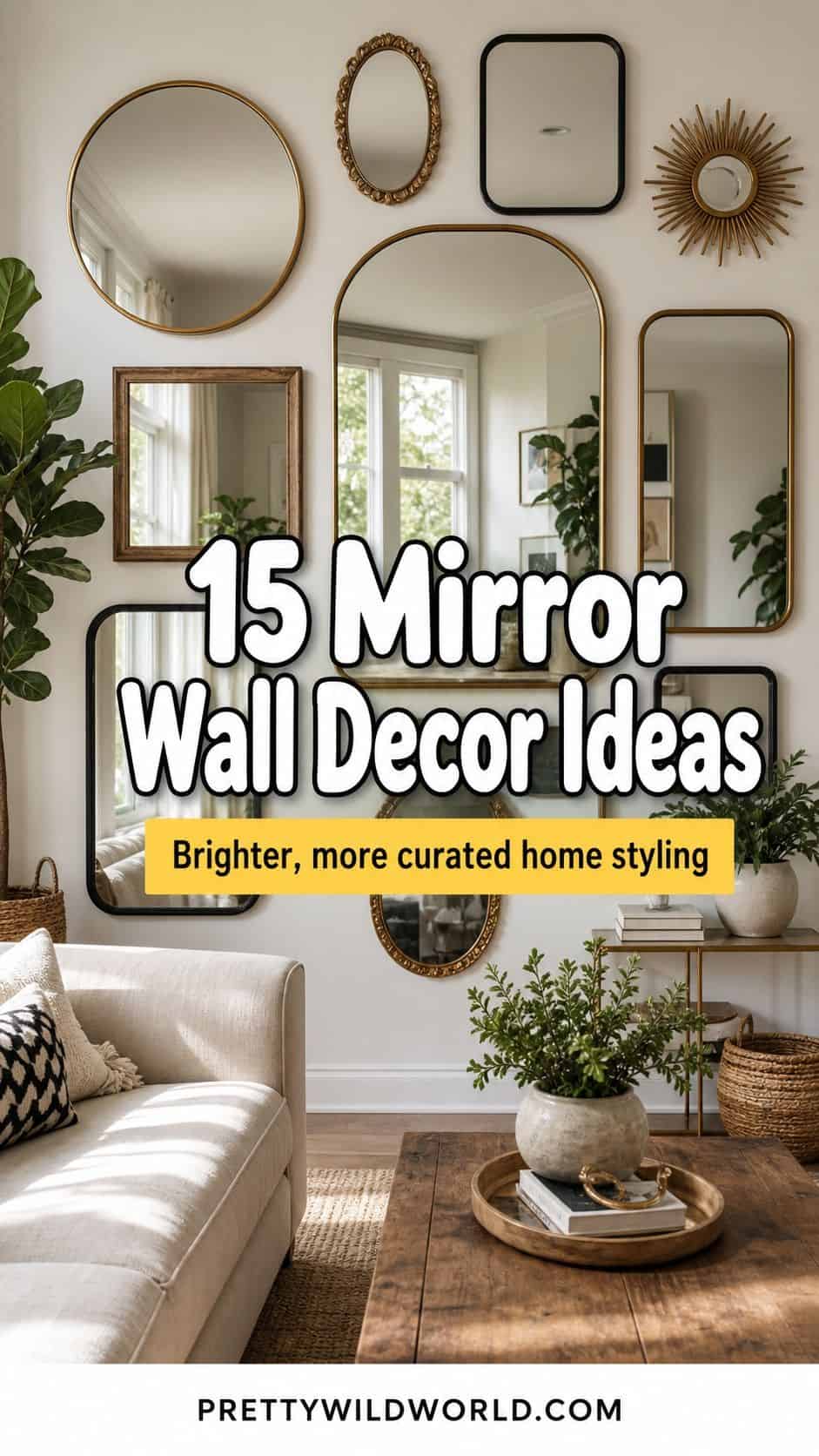 Pinterest pin for 15 Mirror Wall Decor Ideas That Make Your Home Feel Brighter and More Curated from Pretty Wild World.