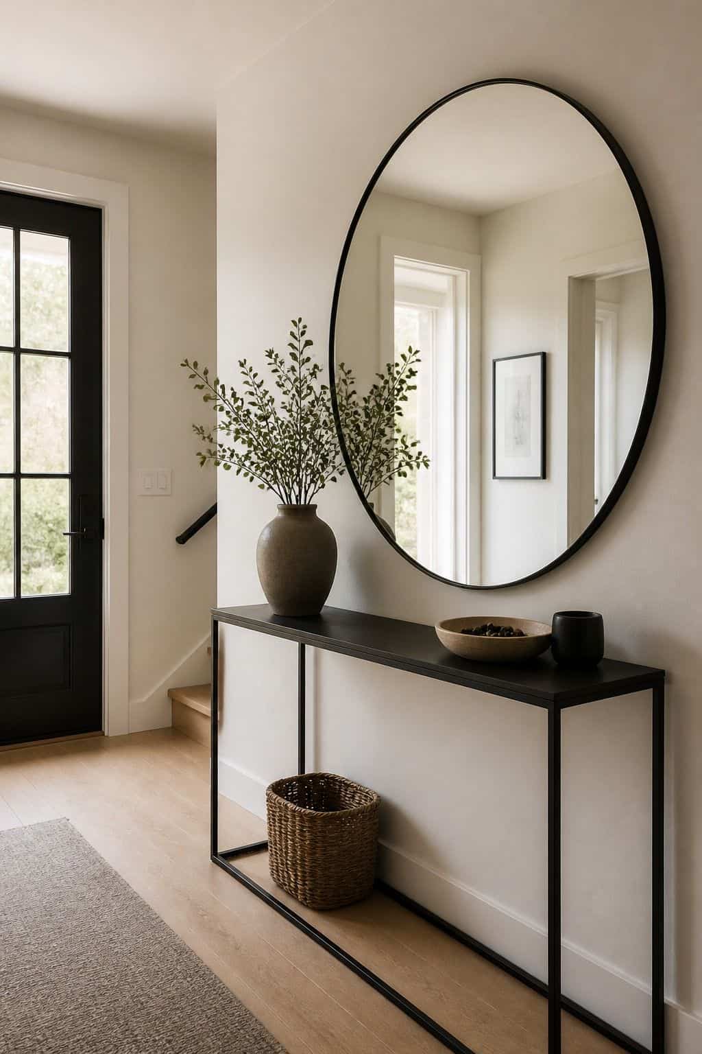 Hang a large focal mirror to make the space feel bigger shown as a realistic Pretty Wild World image for 15 Modern Entryway Decor Ideas for a Polished First Impression at Home.