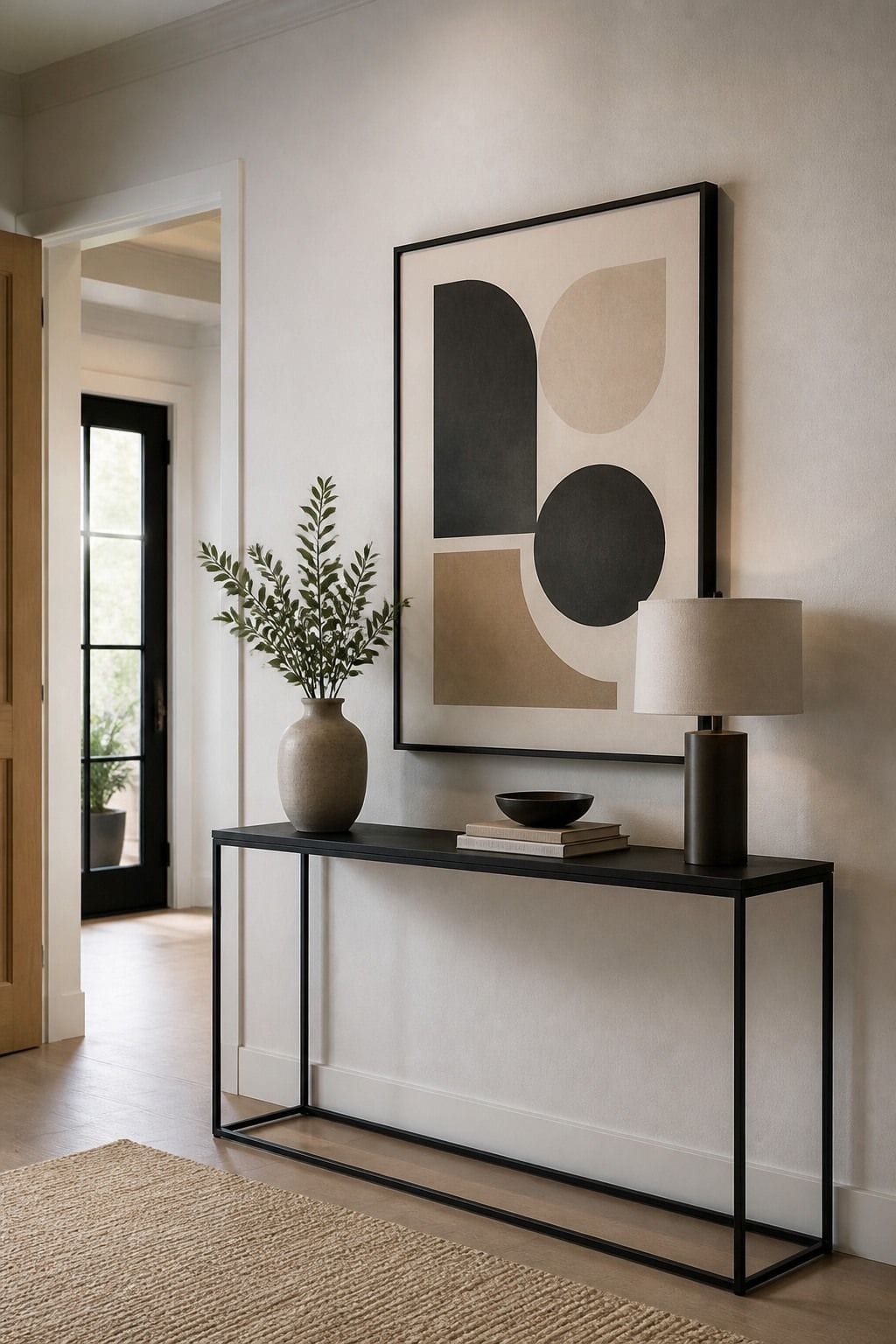 Display geometric or abstract art for a modern touch shown as a realistic Pretty Wild World image for 15 Modern Entryway Decor Ideas for a Polished First Impression at Home.
