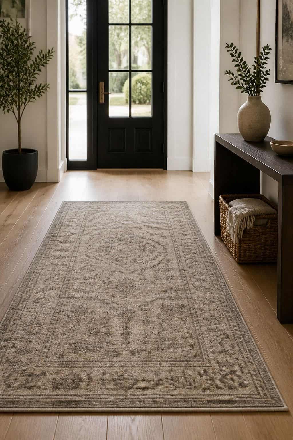 Place a chic rug to anchor the entryway area shown as a realistic Pretty Wild World image for 15 Modern Entryway Decor Ideas for a Polished First Impression at Home.