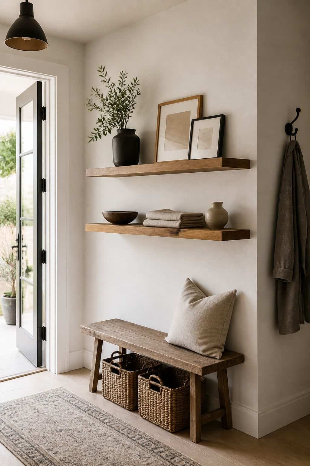 Mount floating shelves for both storage and display purposes shown as a realistic Pretty Wild World image for 15 Modern Entryway Decor Ideas for a Polished First Impression at Home.