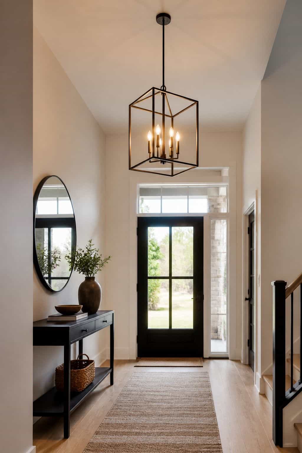 Opt for a modern pendant light or chandelier to brighten the space shown as a realistic Pretty Wild World image for 15 Modern Entryway Decor Ideas for a Polished First Impression at Home.
