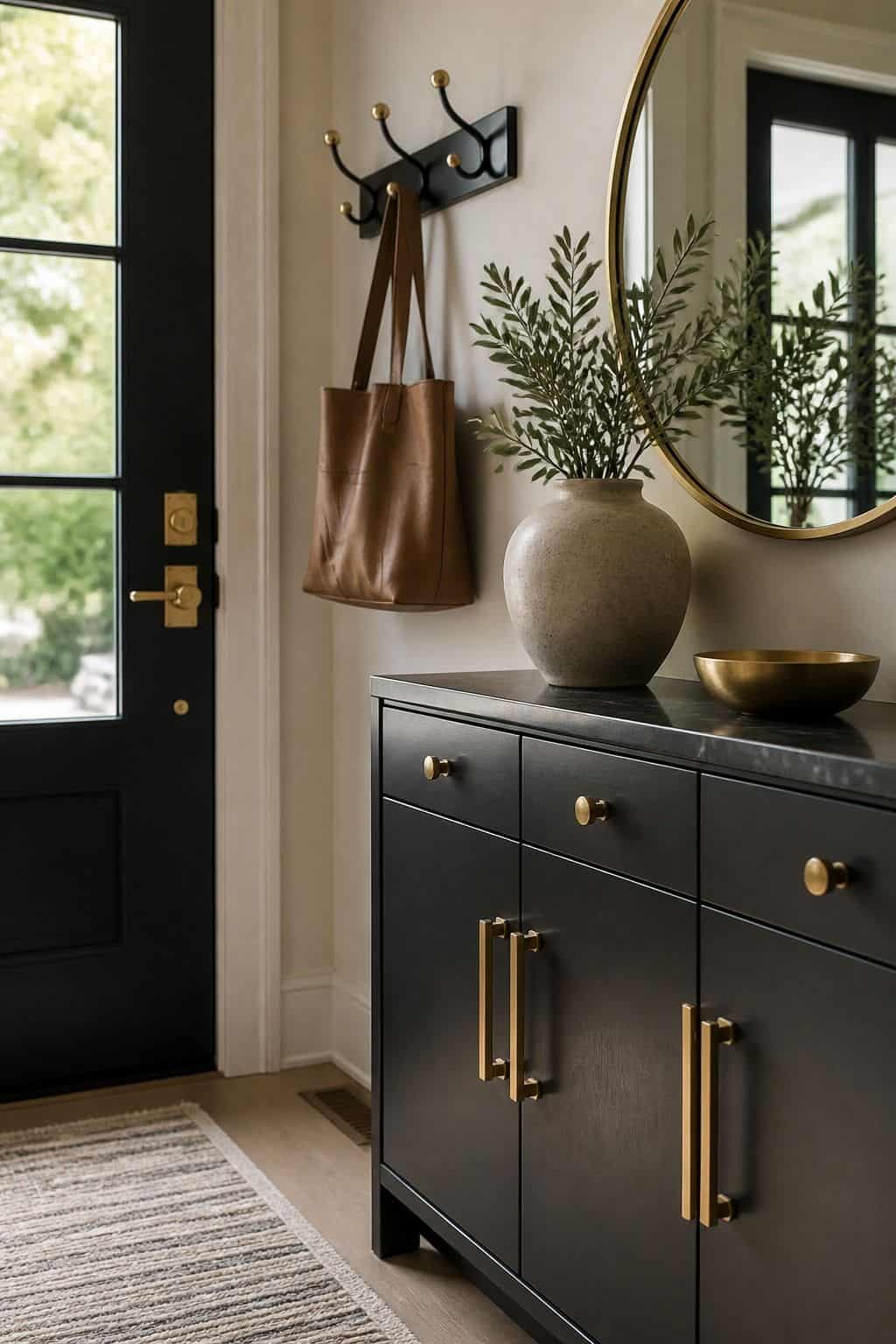 Accent with metal hardware in finishes like brass or matte black shown as a realistic Pretty Wild World image for 15 Modern Entryway Decor Ideas for a Polished First Impression at Home.