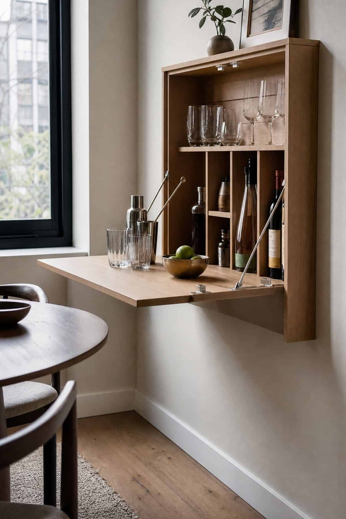 Install a Fold-Away Shelf Bar with Built-In Storage shown as a realistic Pretty Wild World image for 15 Modern Small Bar Ideas for Home for a More Curated Home Aesthetic.