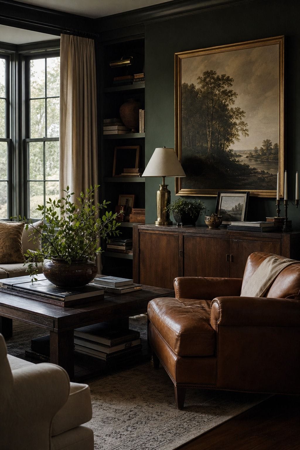 A moody living room with forest green walls, a cognac leather sofa, walnut wood, brass accents, and cream linen layers, styled to show how this rich palette feels warm instead of heavy. The image supports a designer-inspired color scheme with natural texture, soft daylight, and lived-in details for readers planning a grounded dark interior with depth, comfort, and an elegant collected look. It keeps the palette clear for readers comparing green, tan, wood, and brass.