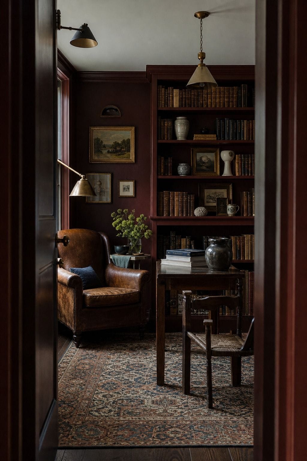 A compact home library wrapped in oxblood paint with dark wood shelves, tobacco leather, antique brass, cream book pages, and collected ceramics, showing a dramatic palette that still feels intimate. The scene illustrates how red-brown walls can create a sophisticated reading room with depth, patina, quiet vintage charm, and enough warm contrast to keep the dark color from feeling flat. It keeps the palette clear for readers comparing red-brown, leather, wood, and cream.